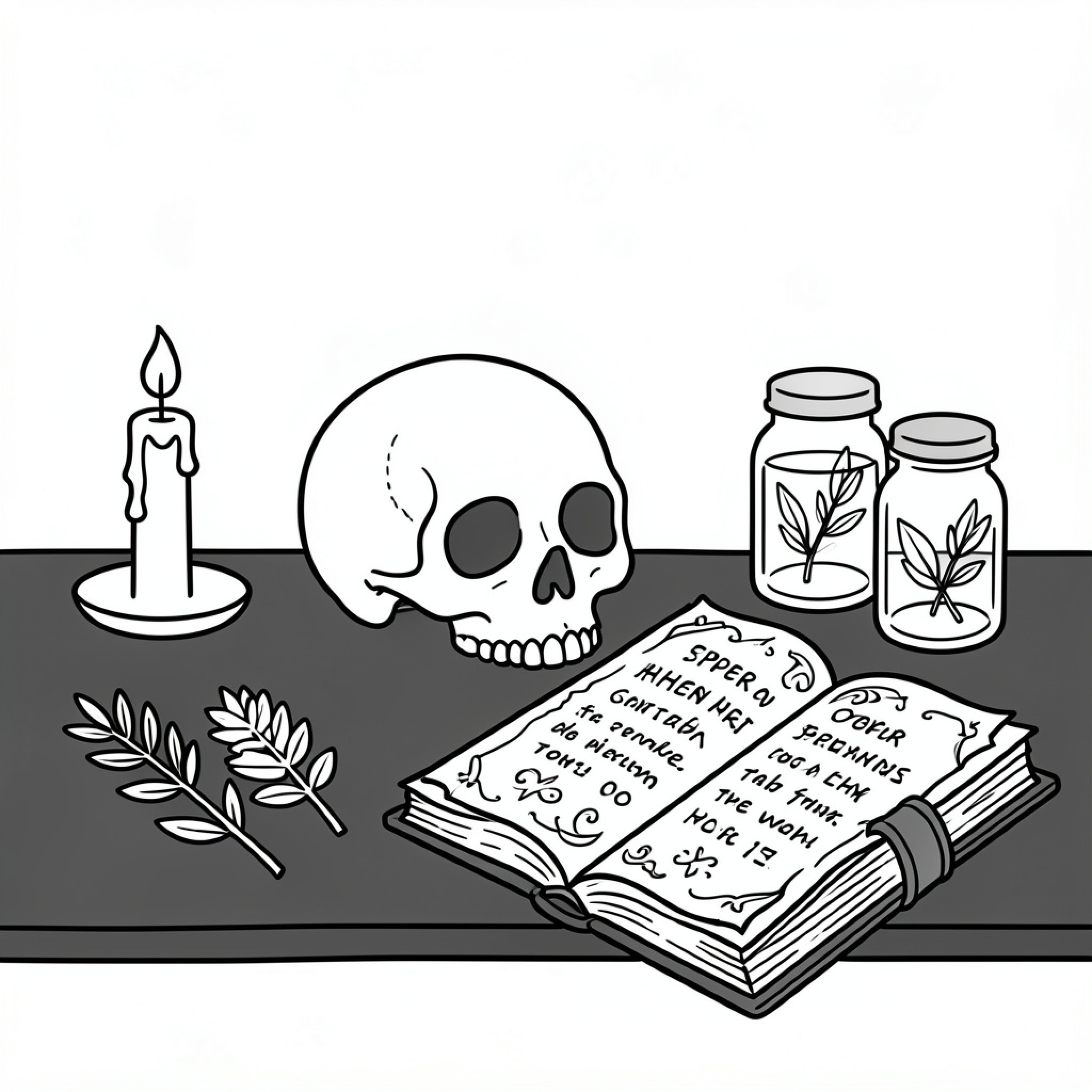 Easy Skull with lit candle and ancient book Drawing Idea (free black-and-white line drawing printable PDF for all, from beginners to advanced learners, including children, teens, adults, and seniors)