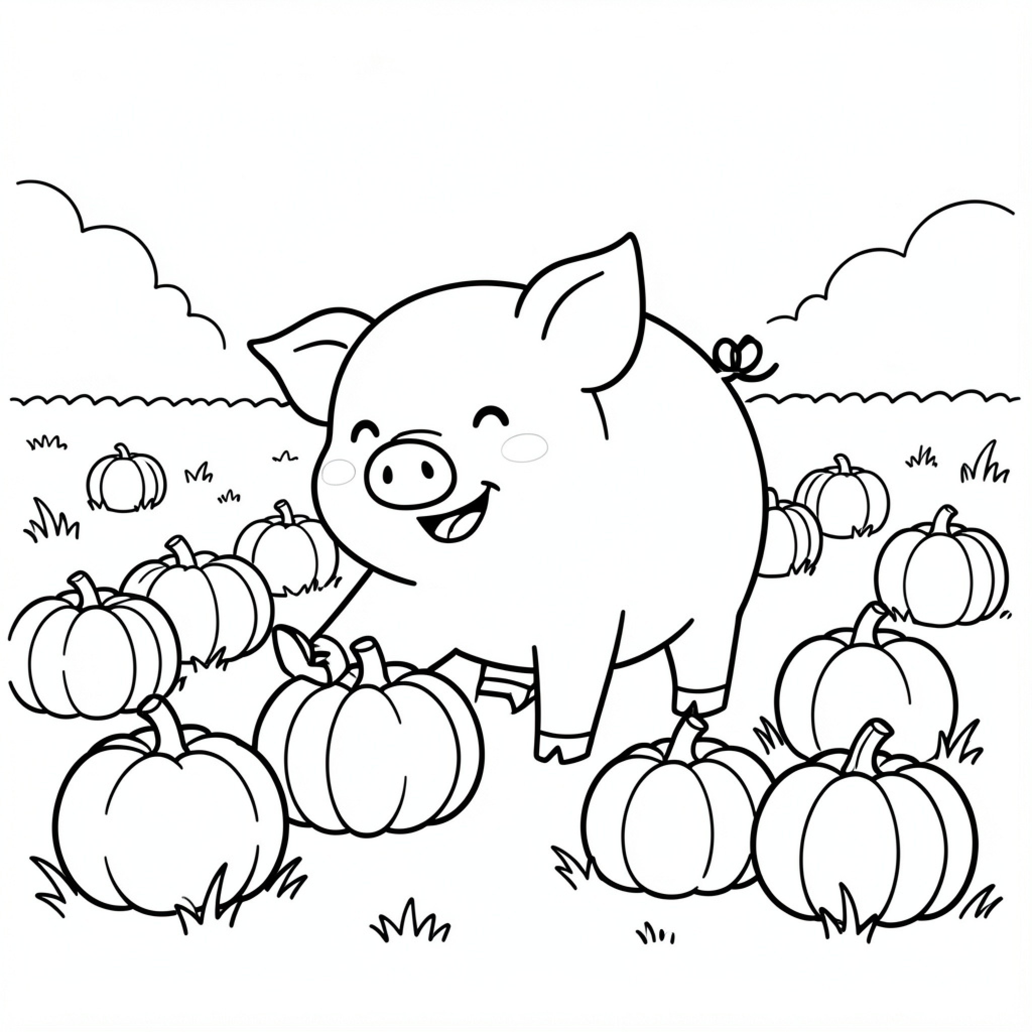 Easy Pig smiling happily amidst a pumpkin patch Drawing Idea (free black-and-white line drawing printable PDF for all, from beginners to advanced learners, including children, teens, adults, and seniors)