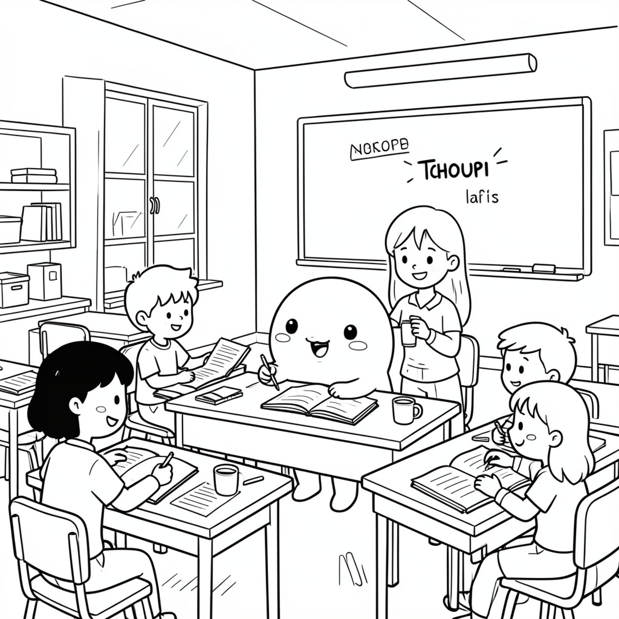 Easy Tchoupi studying with classmates in a classroom Drawing Idea (free black-and-white line drawing printable PDF for all, from beginners to advanced learners, including children, teens, adults, and seniors)
