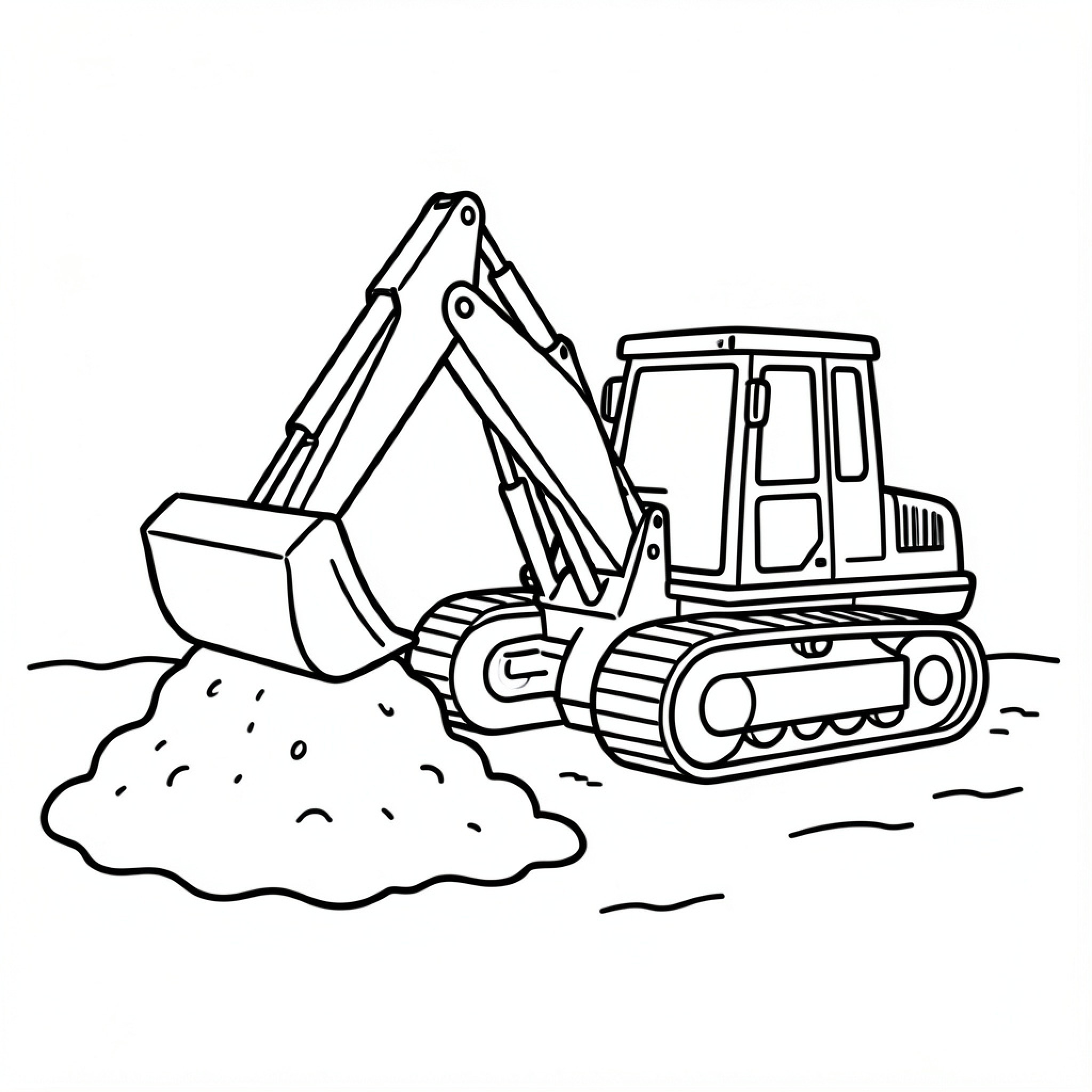 Easy Backhoe Loader digging in a pile of dirt Drawing Idea (free black-and-white line drawing printable PDF for all, from beginners to advanced learners, including children, teens, adults, and seniors)