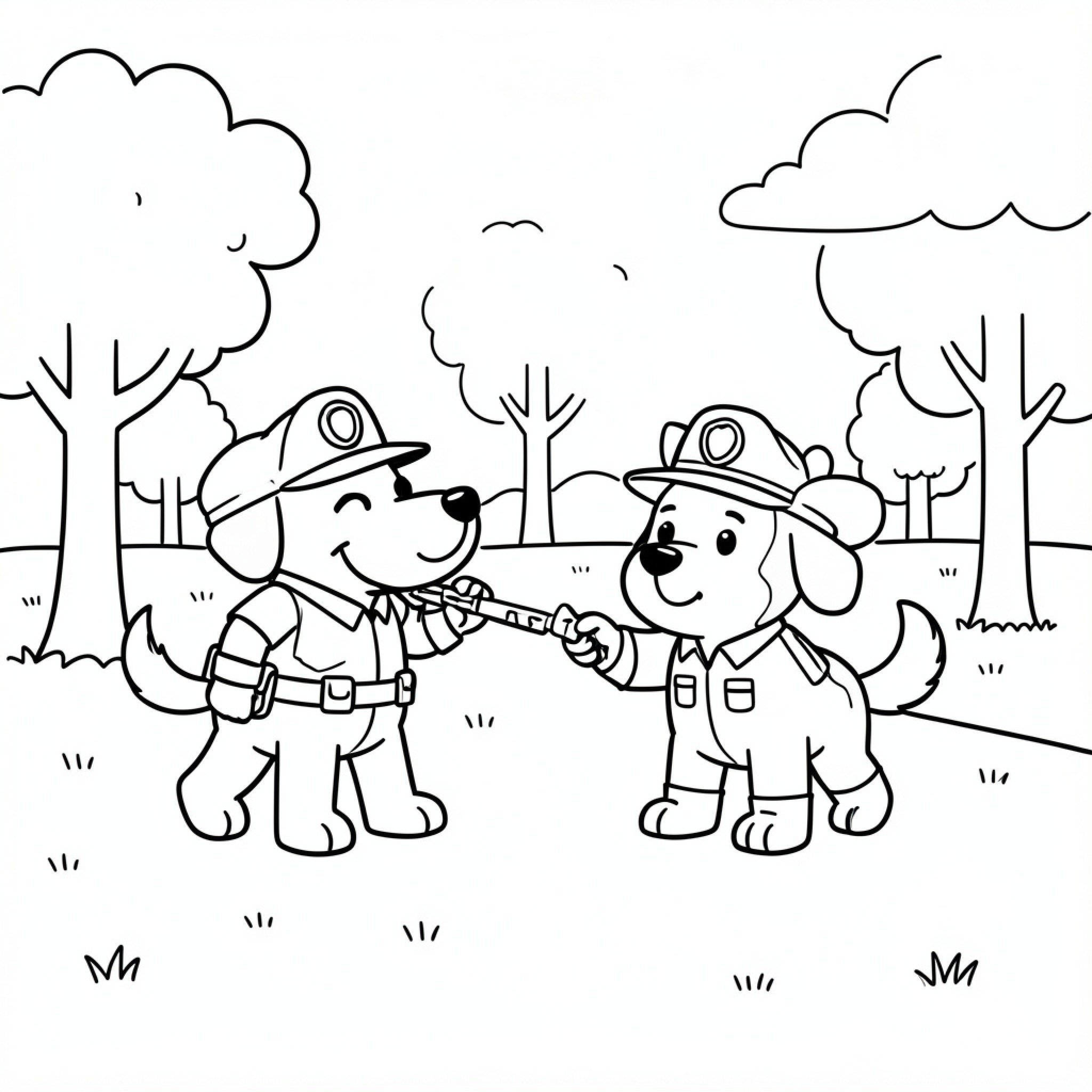Easy Pat dogs wearing uniforms playing together outdoors Drawing Idea (free black-and-white line drawing printable PDF for all, from beginners to advanced learners, including children, teens, adults, and seniors)