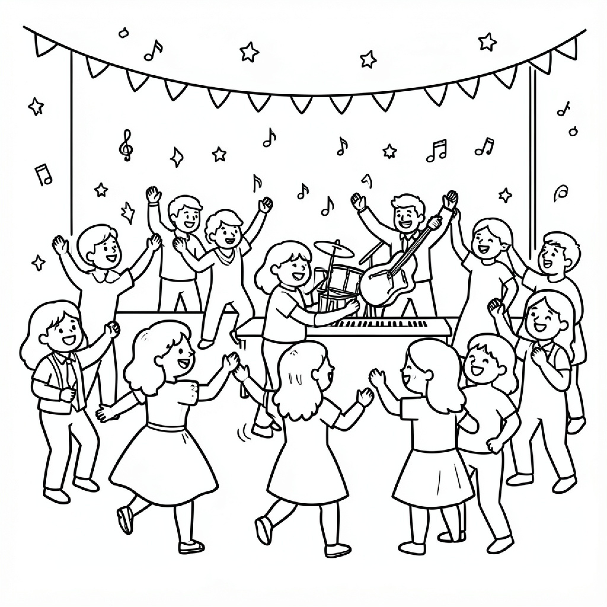 Easy Groovival children dancing and playing music together Drawing Idea (free black-and-white line drawing printable PDF for all, from beginners to advanced learners, including children, teens, adults, and seniors)