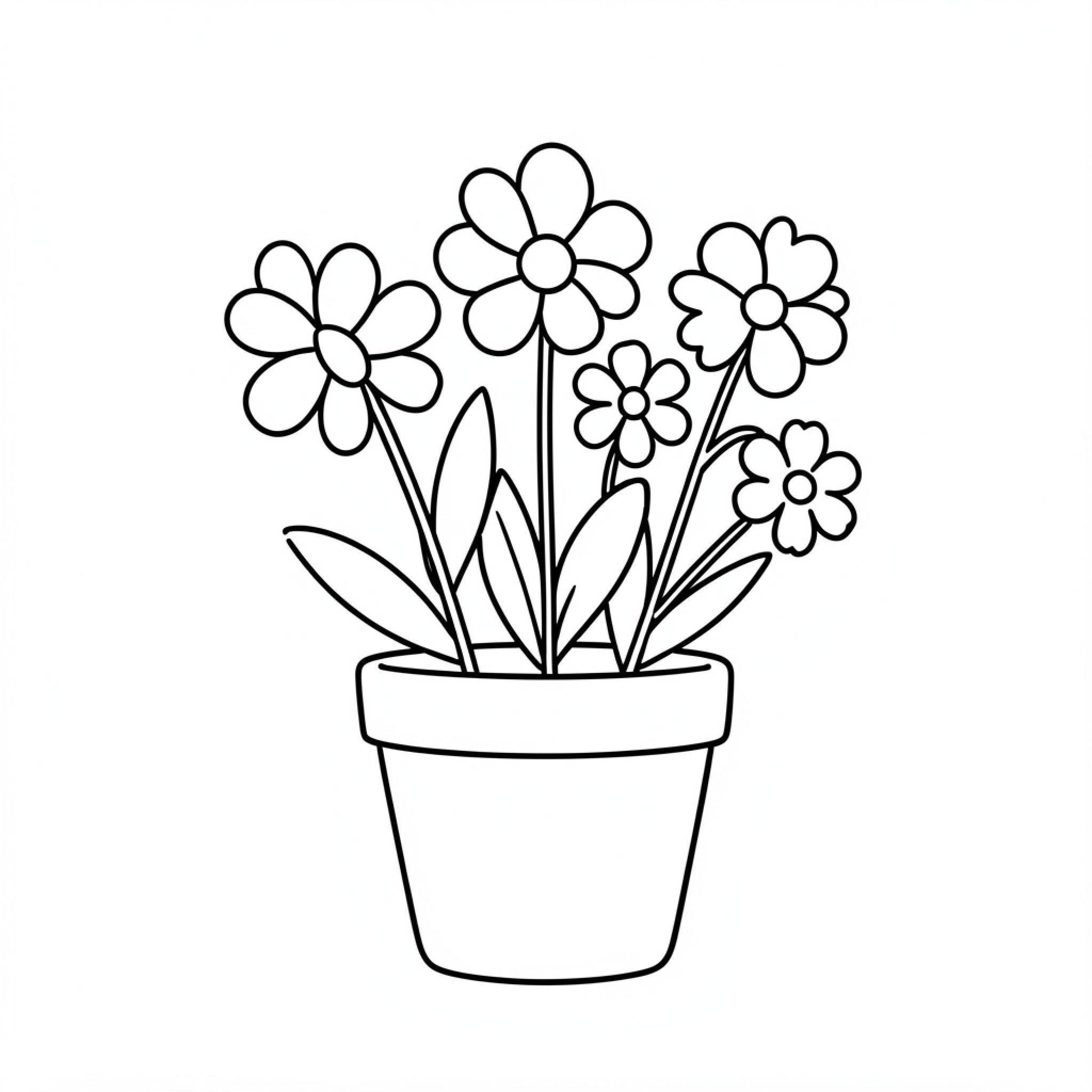 Easy Flower blooming in a simple garden pot Drawing Idea (free black-and-white line drawing printable PDF for all, from beginners to advanced learners, including children, teens, adults, and seniors)