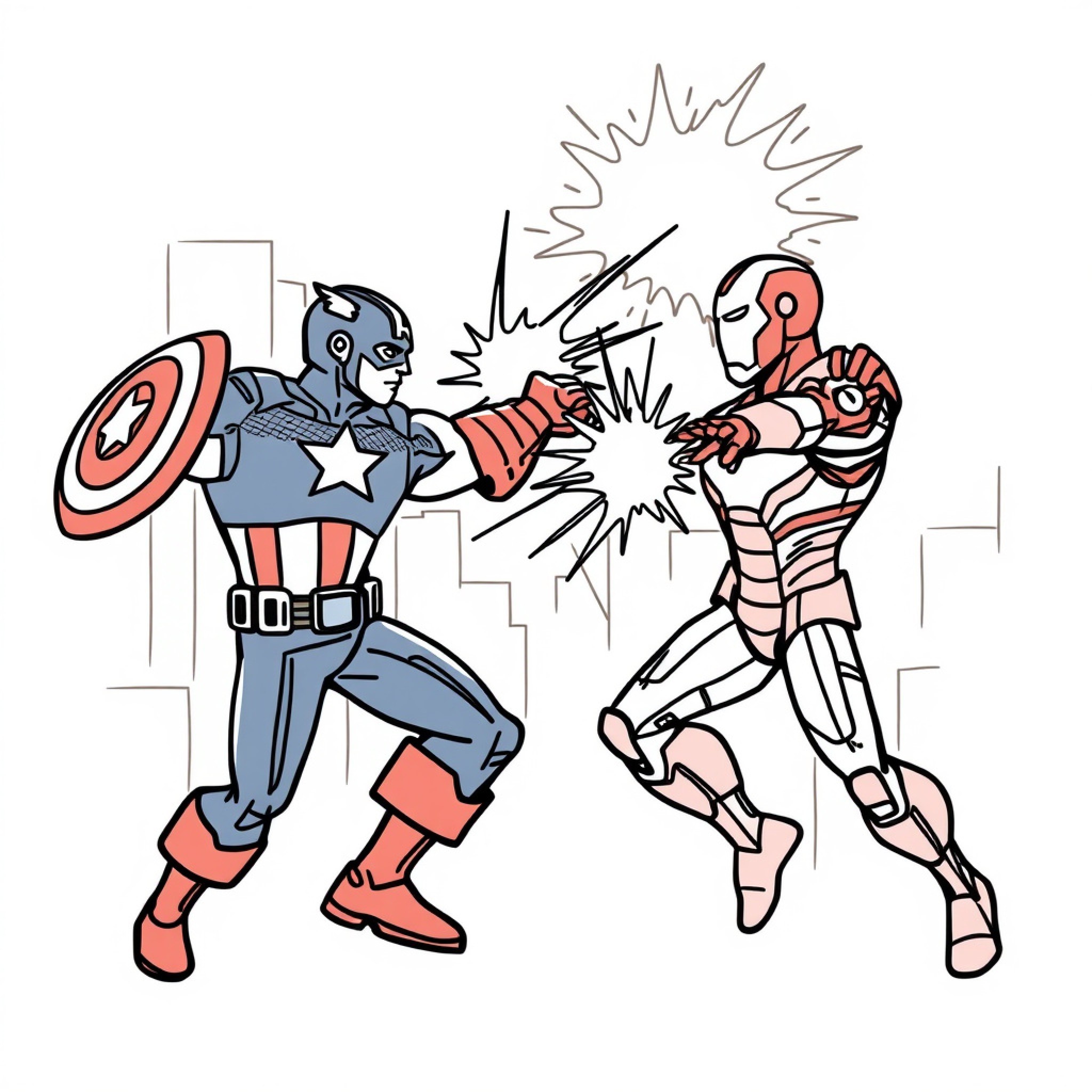 Easy Captain America fighting Iron Man in battle Drawing Idea (free black-and-white line drawing printable PDF for all, from beginners to advanced learners, including children, teens, adults, and seniors)