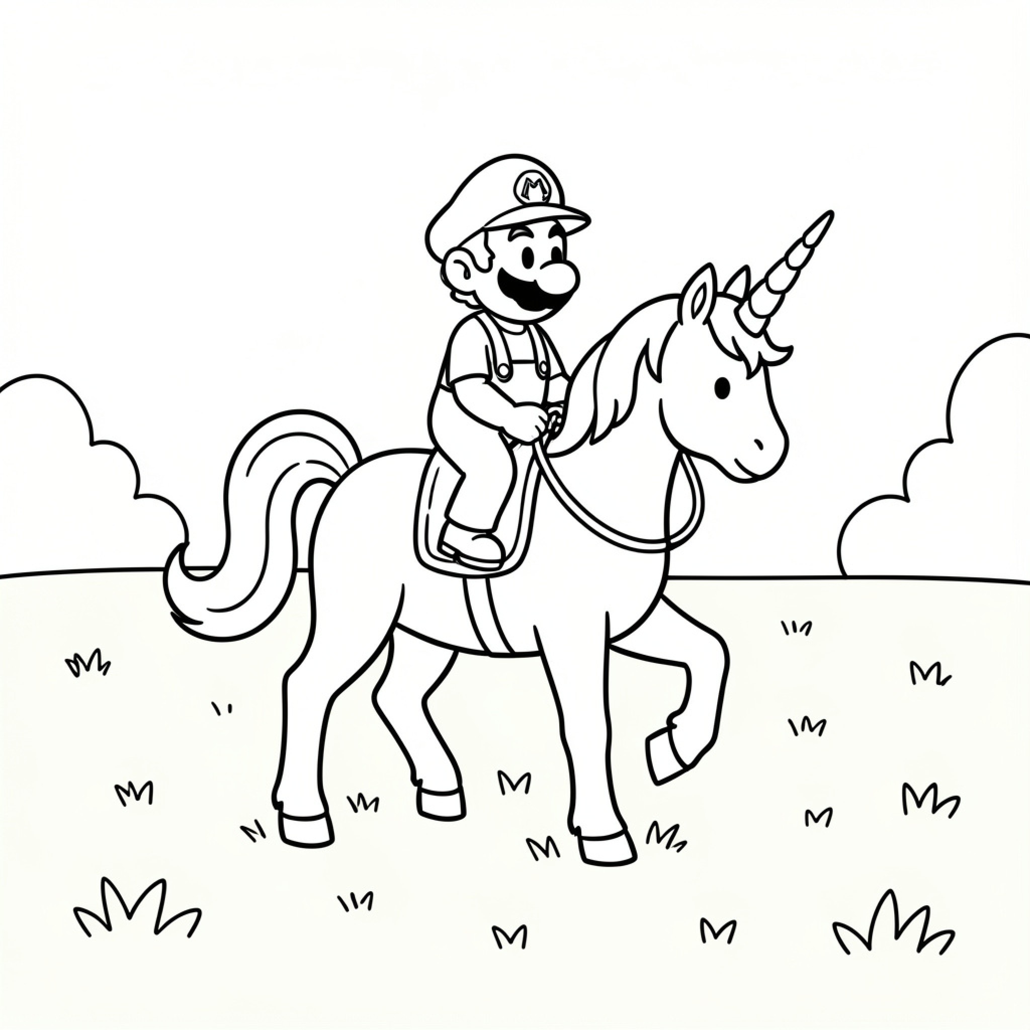 Easy Super Mario riding a unicorn through a field Drawing Idea (free black-and-white line drawing printable PDF for all, from beginners to advanced learners, including children, teens, adults, and seniors)