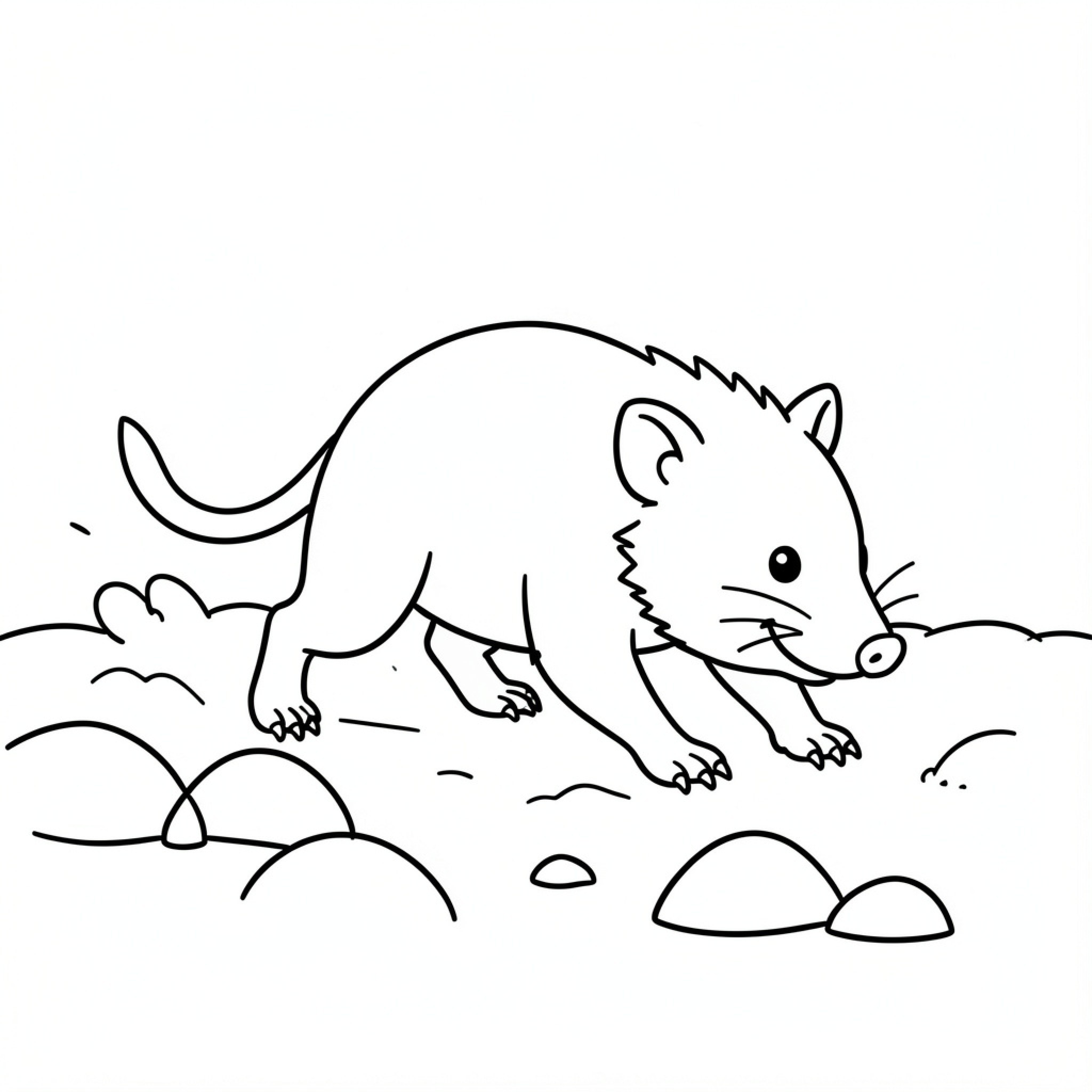 Easy Tasmania Devil walking through a rocky landscape Drawing Idea (free black-and-white line drawing printable PDF for all, from beginners to advanced learners, including children, teens, adults, and seniors)