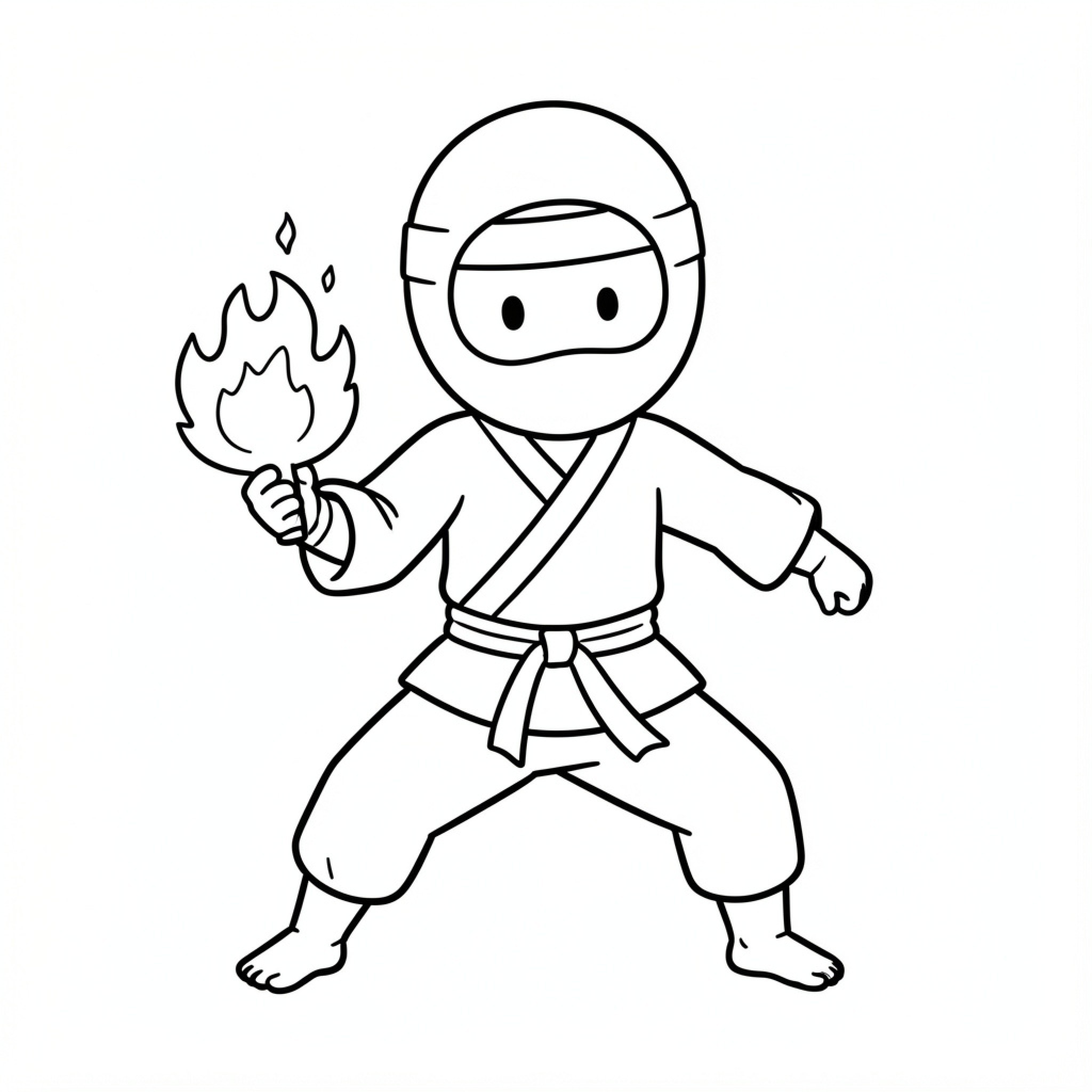 Easy Ninja holding a flaming torch in a stance Drawing Idea (free black-and-white line drawing printable PDF for all, from beginners to advanced learners, including children, teens, adults, and seniors)