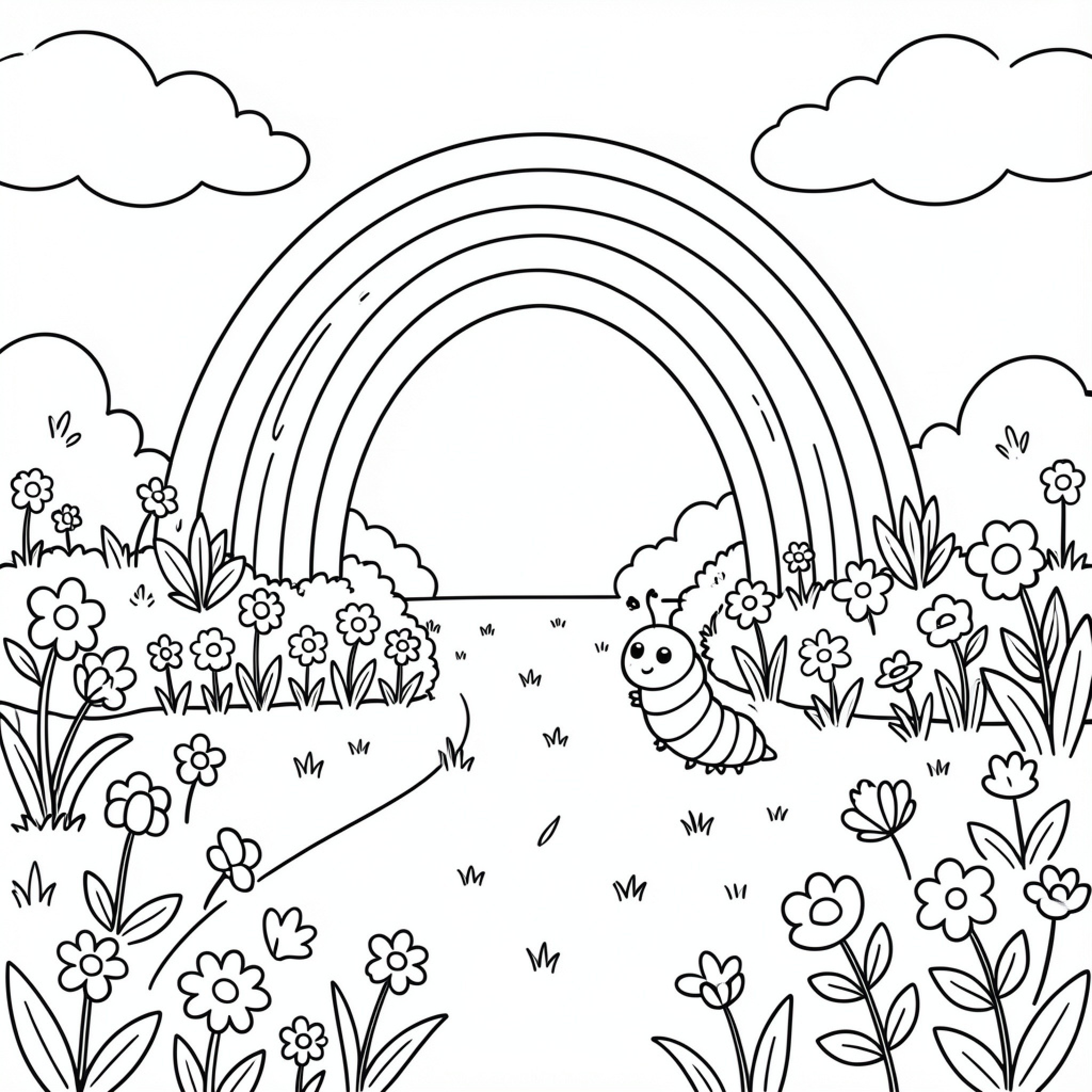 Easy Caterpillar crawling through a flowery landscape Drawing Idea (free black-and-white line drawing printable PDF for all, from beginners to advanced learners, including children, teens, adults, and seniors)