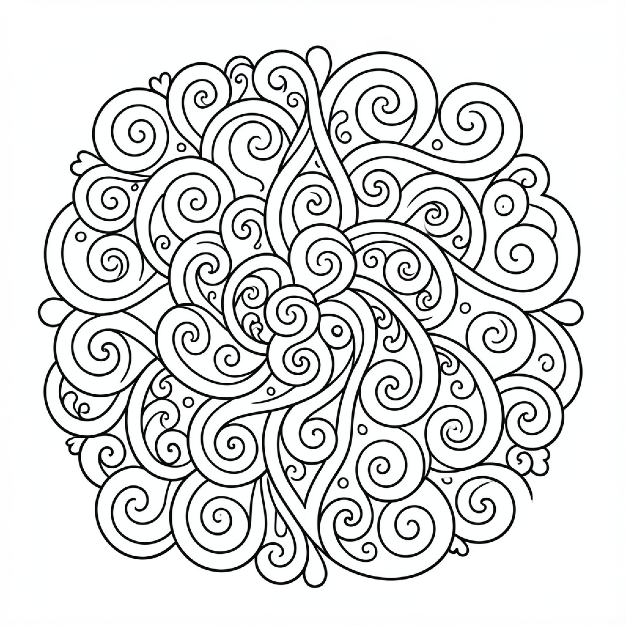 Easy Psychedelic swirling patterns forming a circular mandala Drawing Idea (free black-and-white line drawing printable PDF for all, from beginners to advanced learners, including children, teens, adults, and seniors)