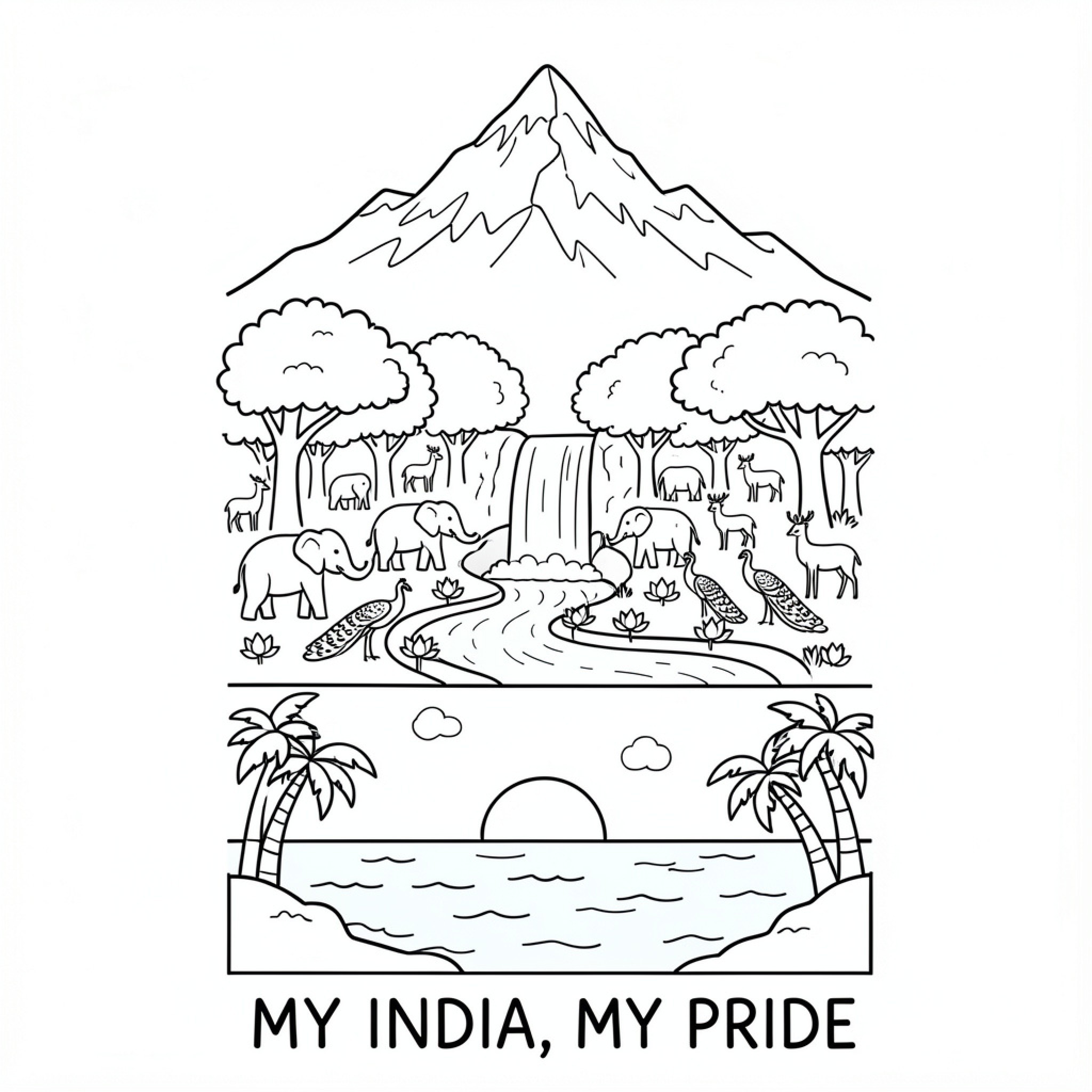 Easy India landscape featuring wildlife and mountains Drawing Idea (free black-and-white line drawing printable PDF for all, from beginners to advanced learners, including children, teens, adults, and seniors)