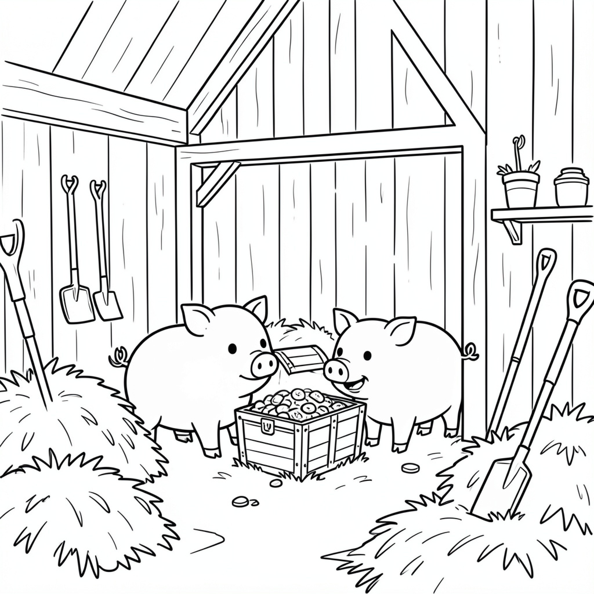 Easy Pig exploring a barn with hay and tools Drawing Idea (free black-and-white line drawing printable PDF for all, from beginners to advanced learners, including children, teens, adults, and seniors)
