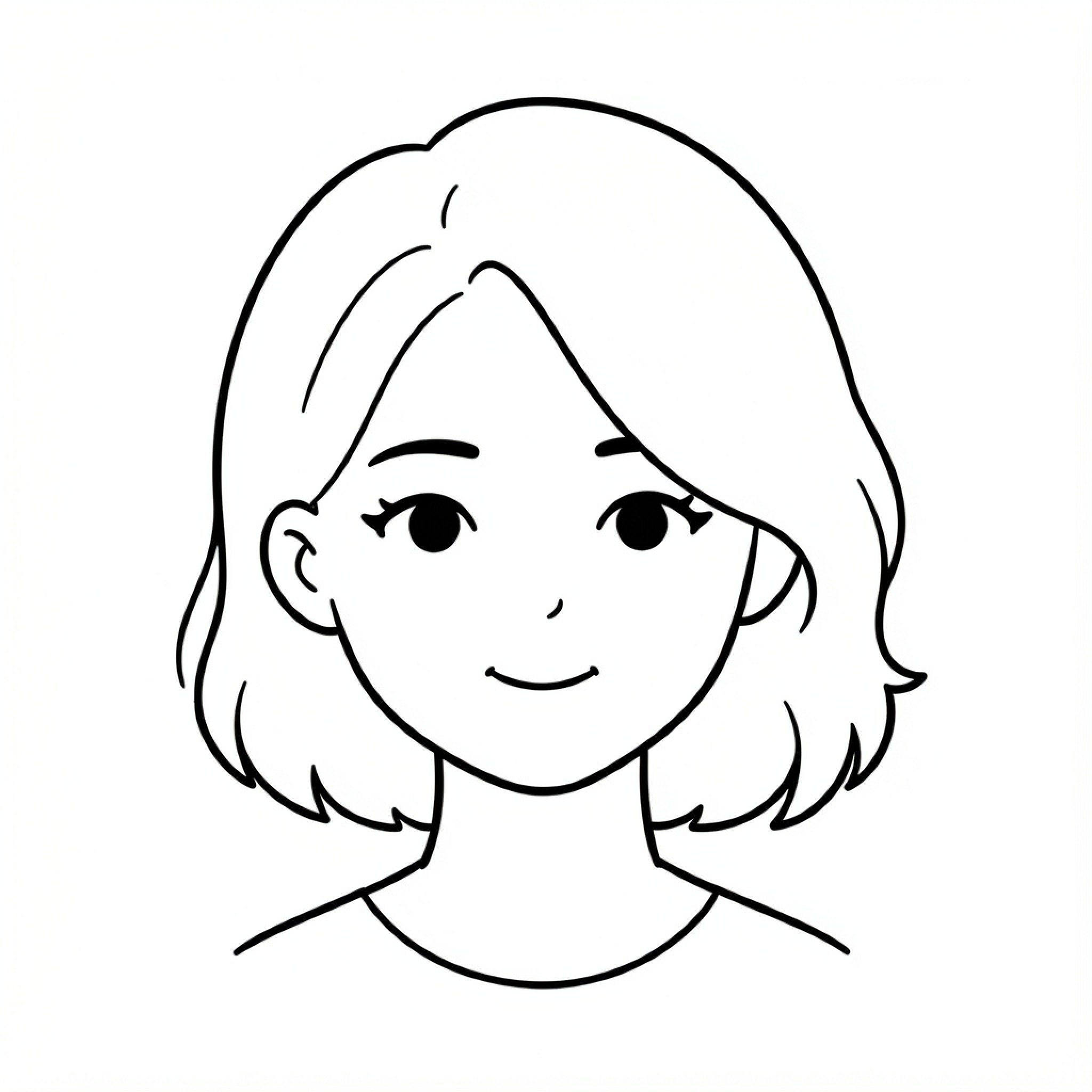 Easy Hair portrait of a smiling young woman Drawing Idea (free black-and-white line drawing printable PDF for all, from beginners to advanced learners, including children, teens, adults, and seniors)