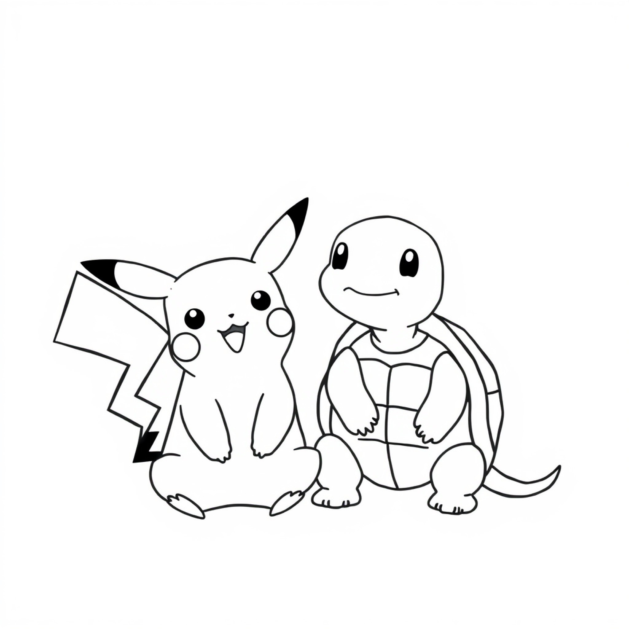 Easy Pikachu sitting happily with a turtle friend Drawing Idea (free black-and-white line drawing printable PDF for all, from beginners to advanced learners, including children, teens, adults, and seniors)