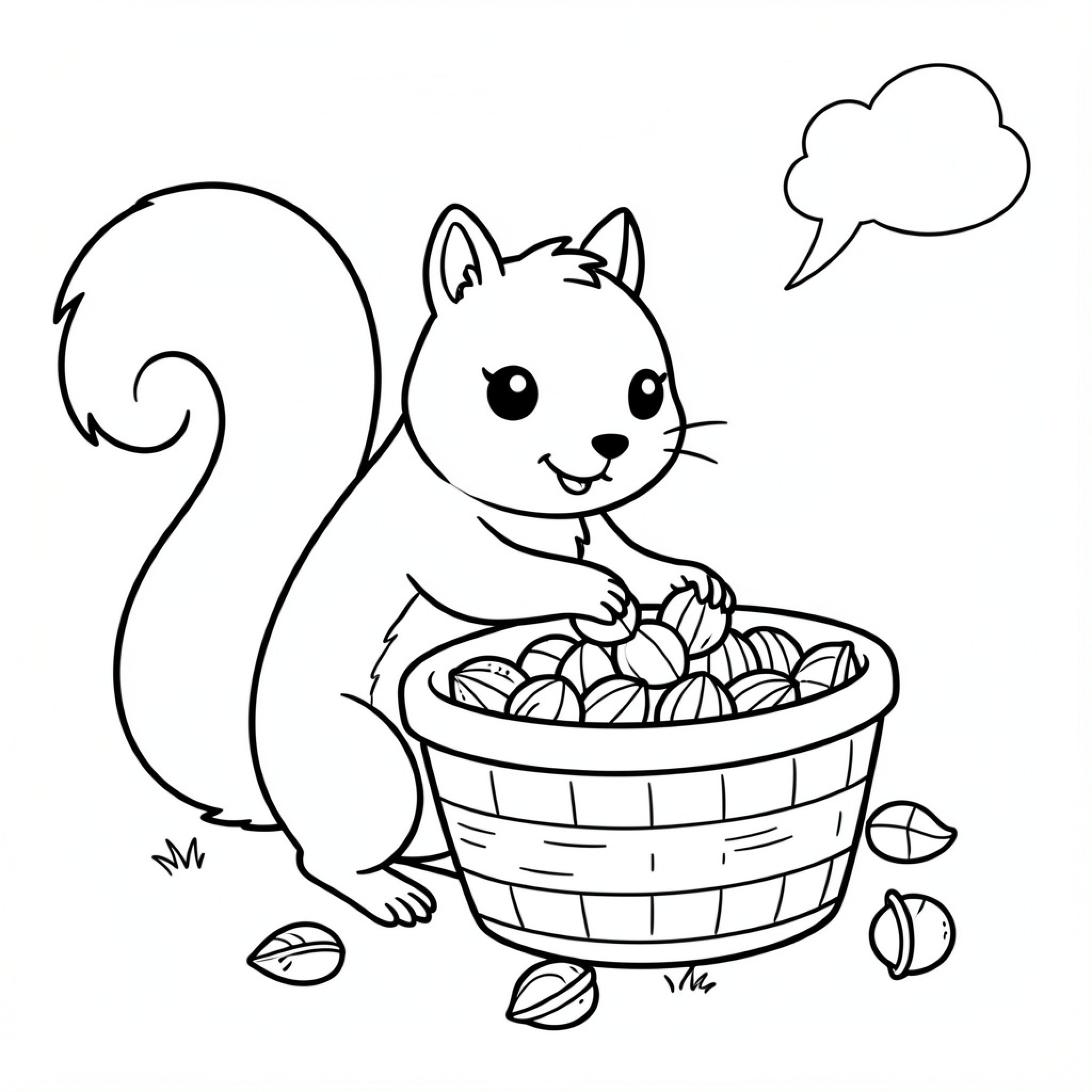 Easy Squirrel gathering nuts into a small basket Drawing Idea (free black-and-white line drawing printable PDF for all, from beginners to advanced learners, including children, teens, adults, and seniors)