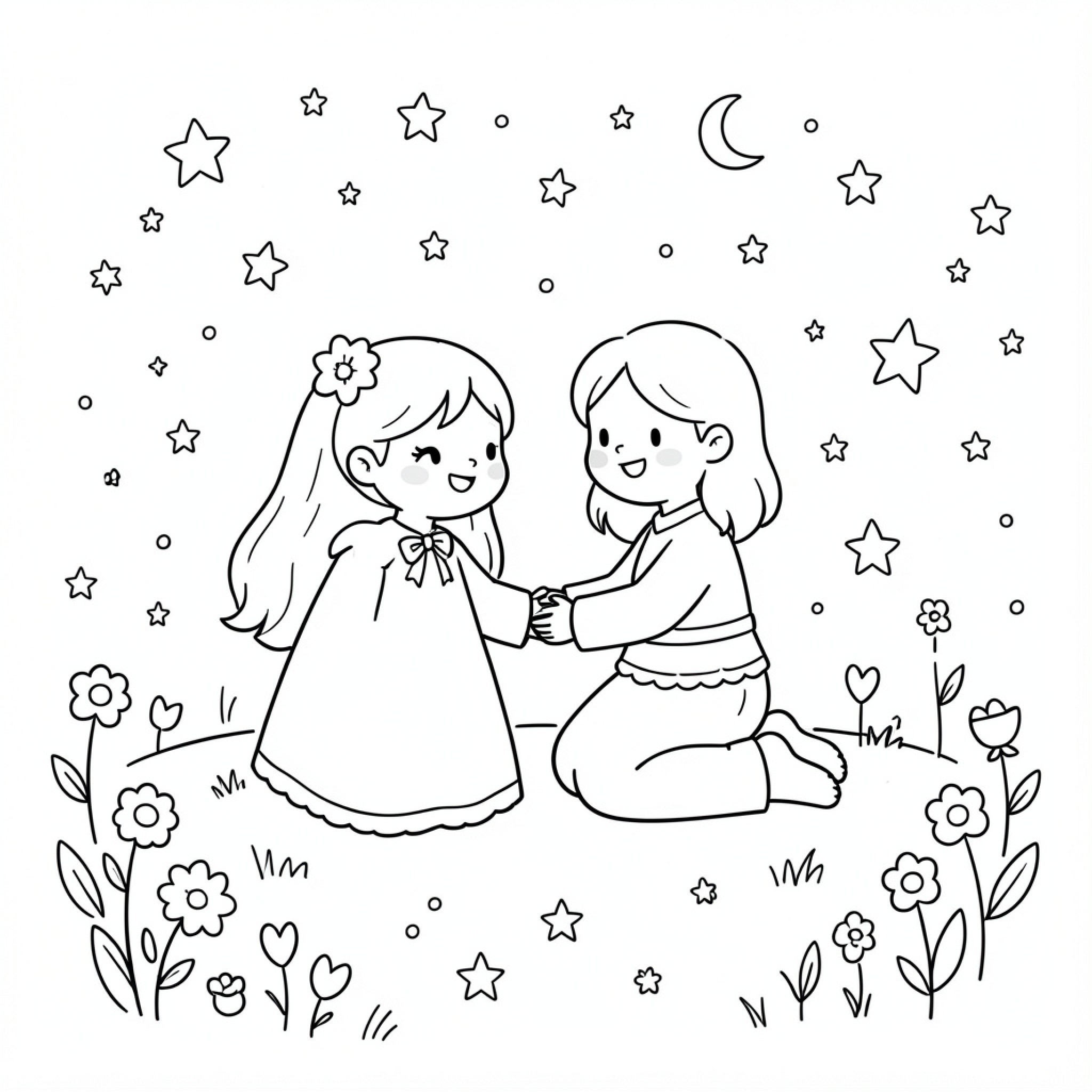 Easy Wimsigoth two girls holding hands under starry sky Drawing Idea (free black-and-white line drawing printable PDF for all, from beginners to advanced learners, including children, teens, adults, and seniors)