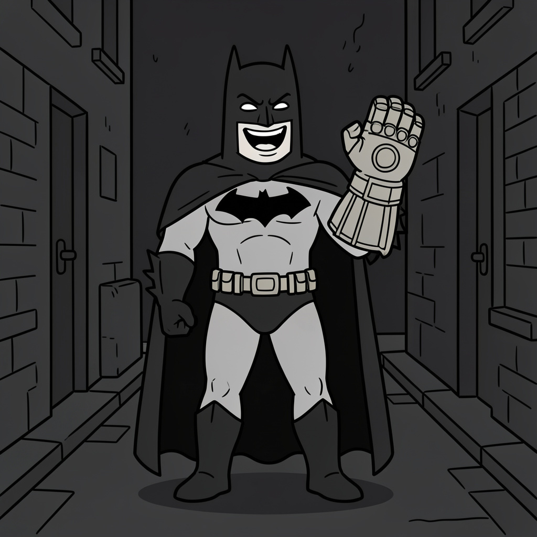 Easy Batman laughing loudly in a dark alleyway Drawing Idea (free black-and-white line drawing printable PDF for all, from beginners to advanced learners, including children, teens, adults, and seniors)