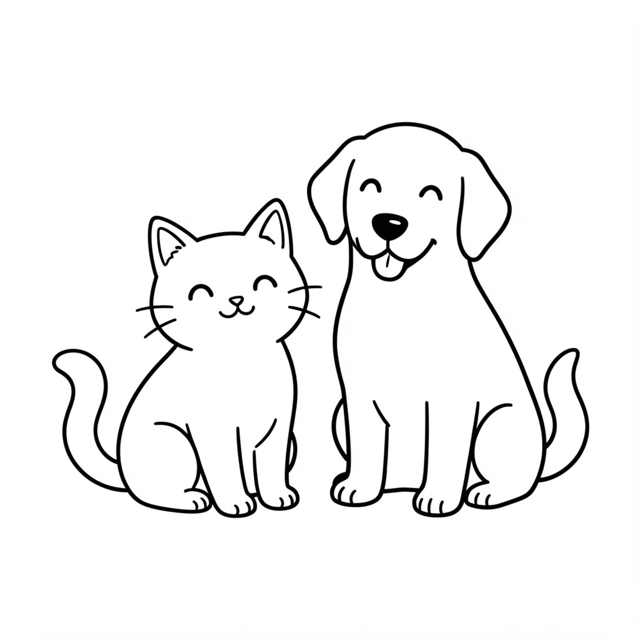 Easy Cat and dog sitting together smiling Drawing Idea (free black-and-white line drawing printable PDF for all, from beginners to advanced learners, including children, teens, adults, and seniors)
