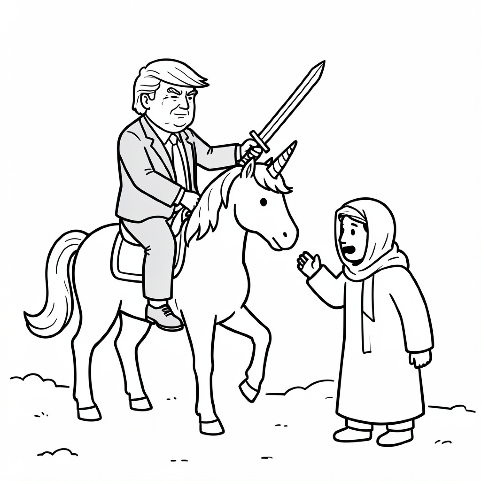 Easy Donald Trump riding a unicorn with a sword Drawing Idea (free black-and-white line drawing printable PDF for all, from beginners to advanced learners, including children, teens, adults, and seniors)