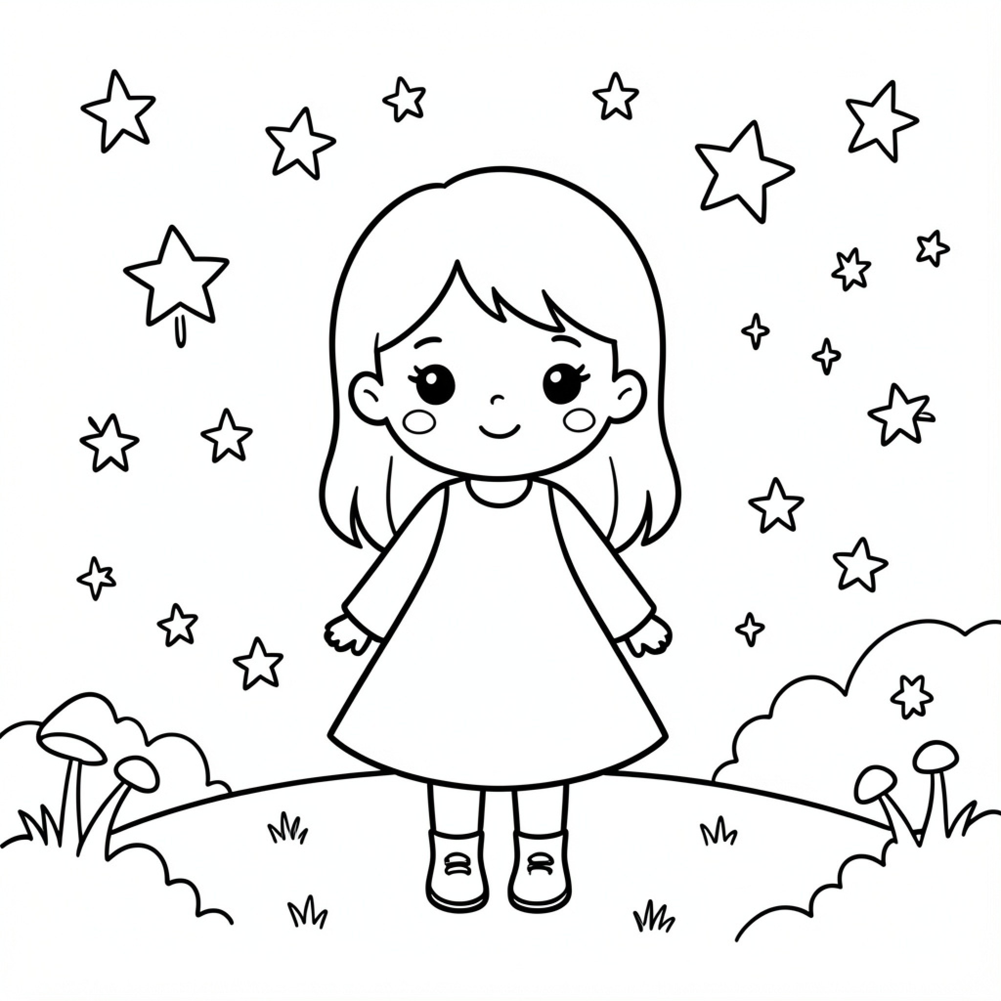 Easy Fille standing happily under a starry sky Drawing Idea (free black-and-white line drawing printable PDF for all, from beginners to advanced learners, including children, teens, adults, and seniors)