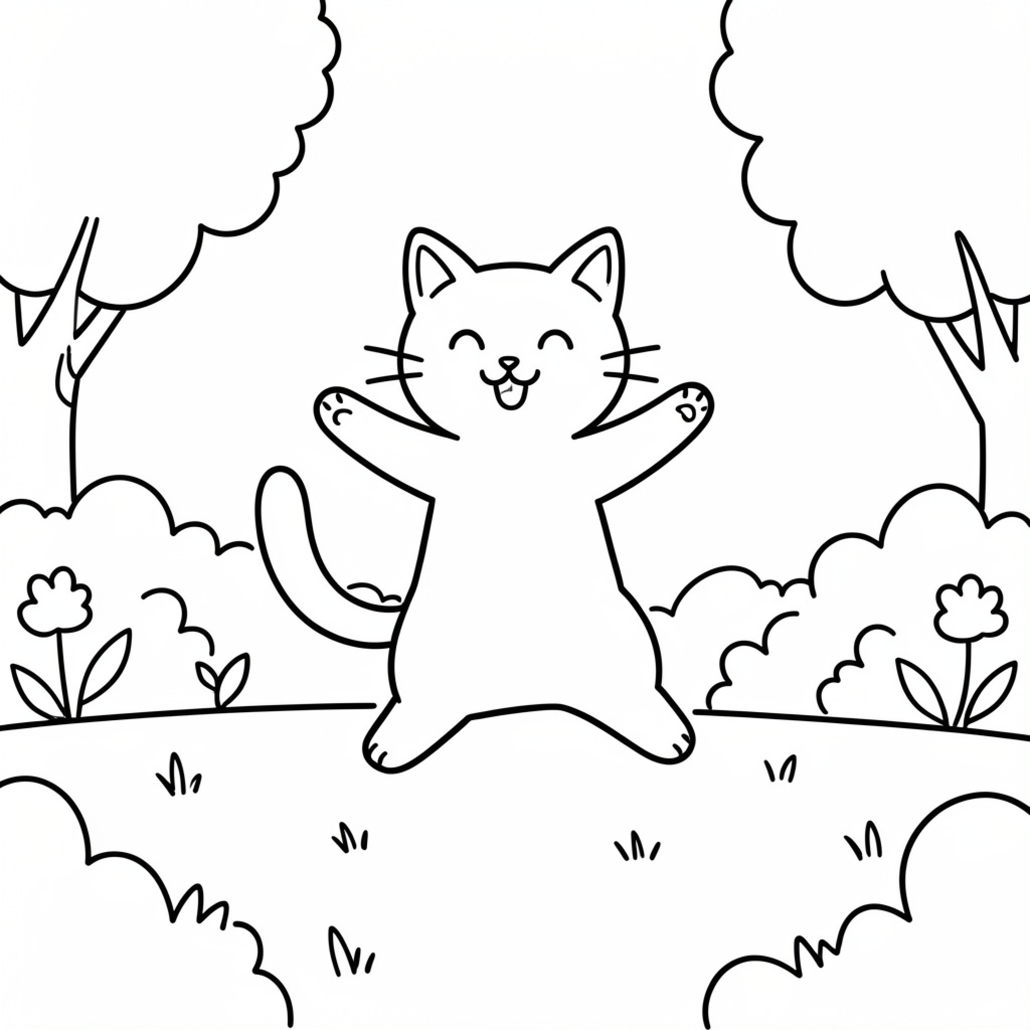 Easy Cat jumping joyfully in a garden Drawing Idea (free black-and-white line drawing printable PDF for all, from beginners to advanced learners, including children, teens, adults, and seniors)