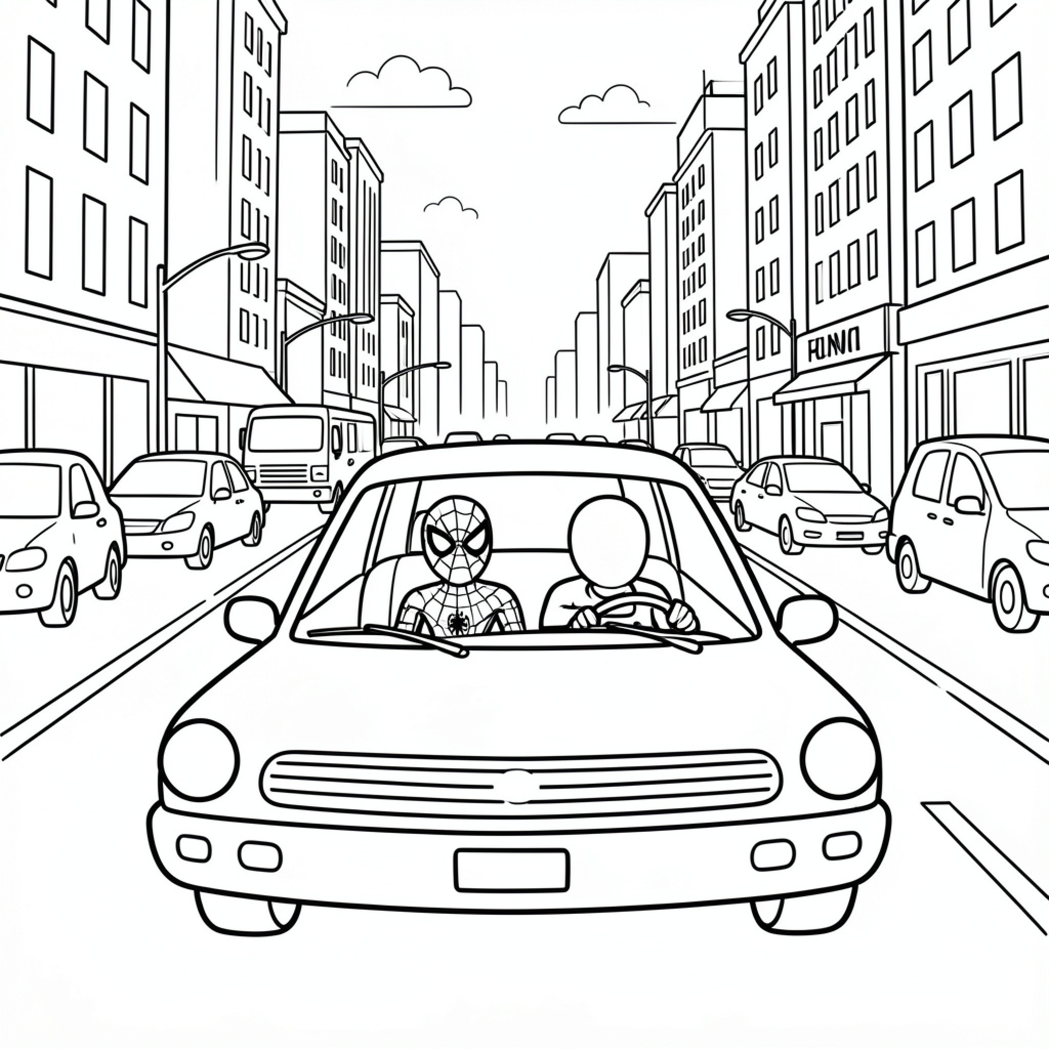 Easy Spiderman driving a car through city streets Drawing Idea (free black-and-white line drawing printable PDF for all, from beginners to advanced learners, including children, teens, adults, and seniors)