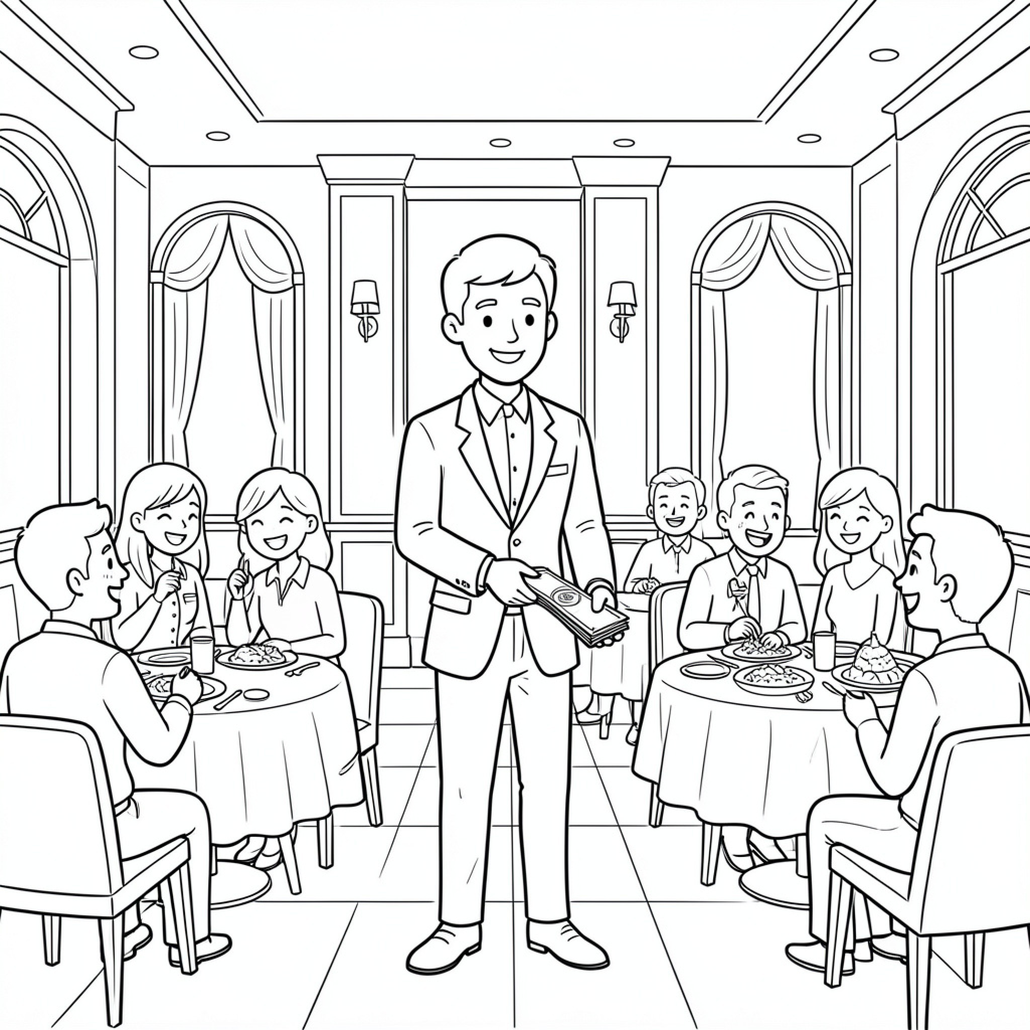 Easy Man serving guests at a dining table Drawing Idea (free black-and-white line drawing printable PDF for all, from beginners to advanced learners, including children, teens, adults, and seniors)
