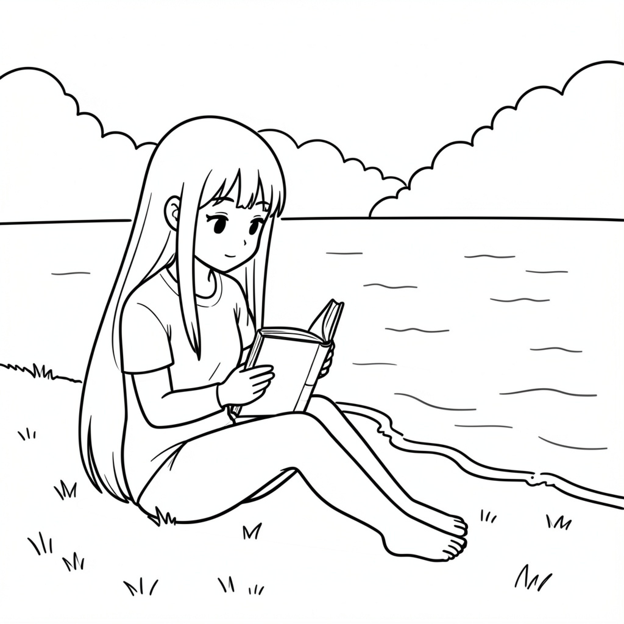 Easy Anime Girl reading a book by the water Drawing Idea (free black-and-white line drawing printable PDF for all, from beginners to advanced learners, including children, teens, adults, and seniors)