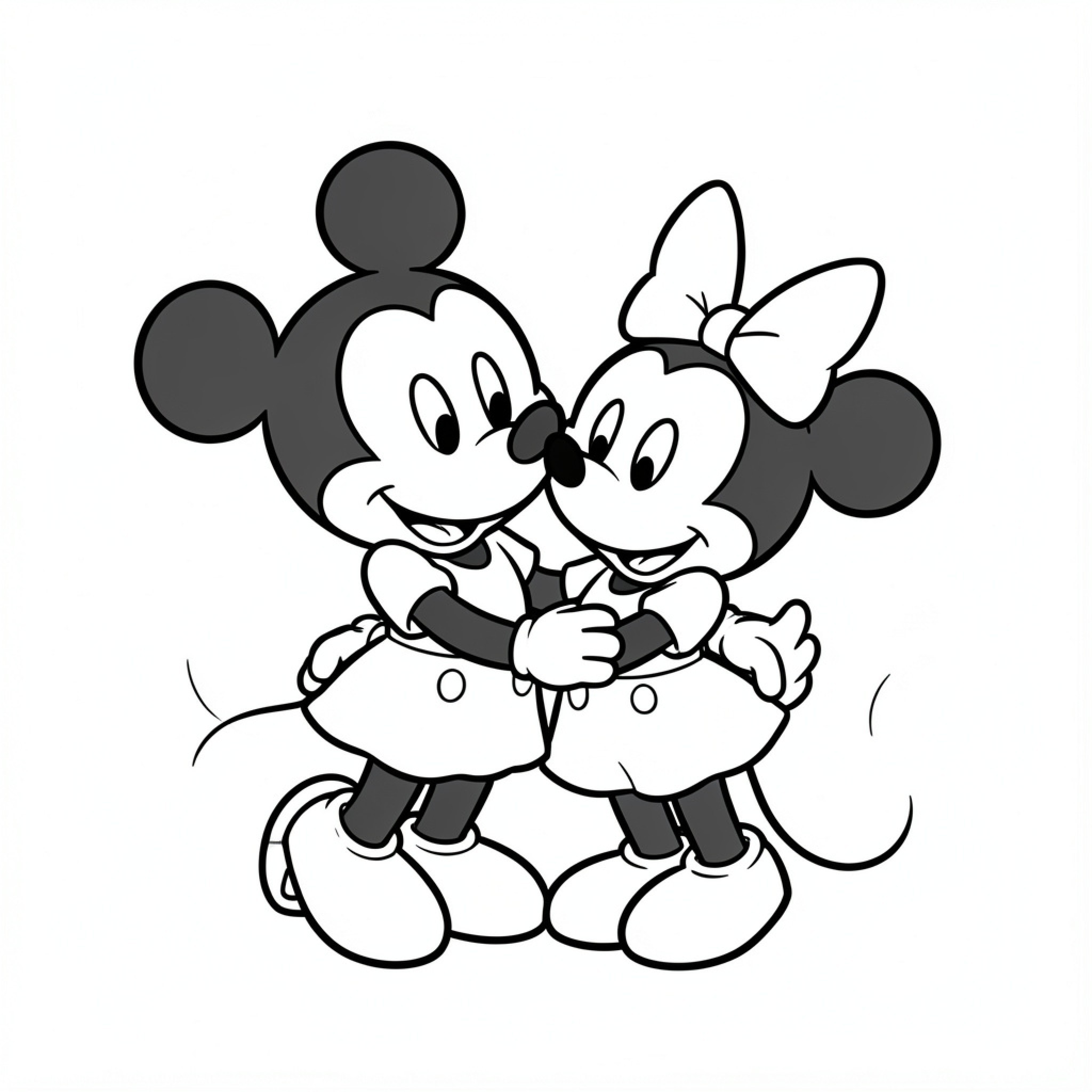 Easy Mickey and Minnie sharing a sweet kiss Drawing Idea (free black-and-white line drawing printable PDF for all, from beginners to advanced learners, including children, teens, adults, and seniors)