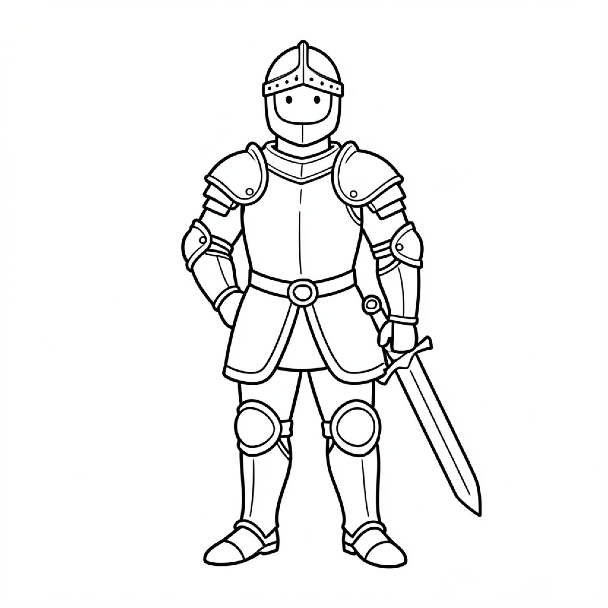 Easy Knight standing bravely in full armor Drawing Idea (free black-and-white line drawing printable PDF for all, from beginners to advanced learners, including children, teens, adults, and seniors)