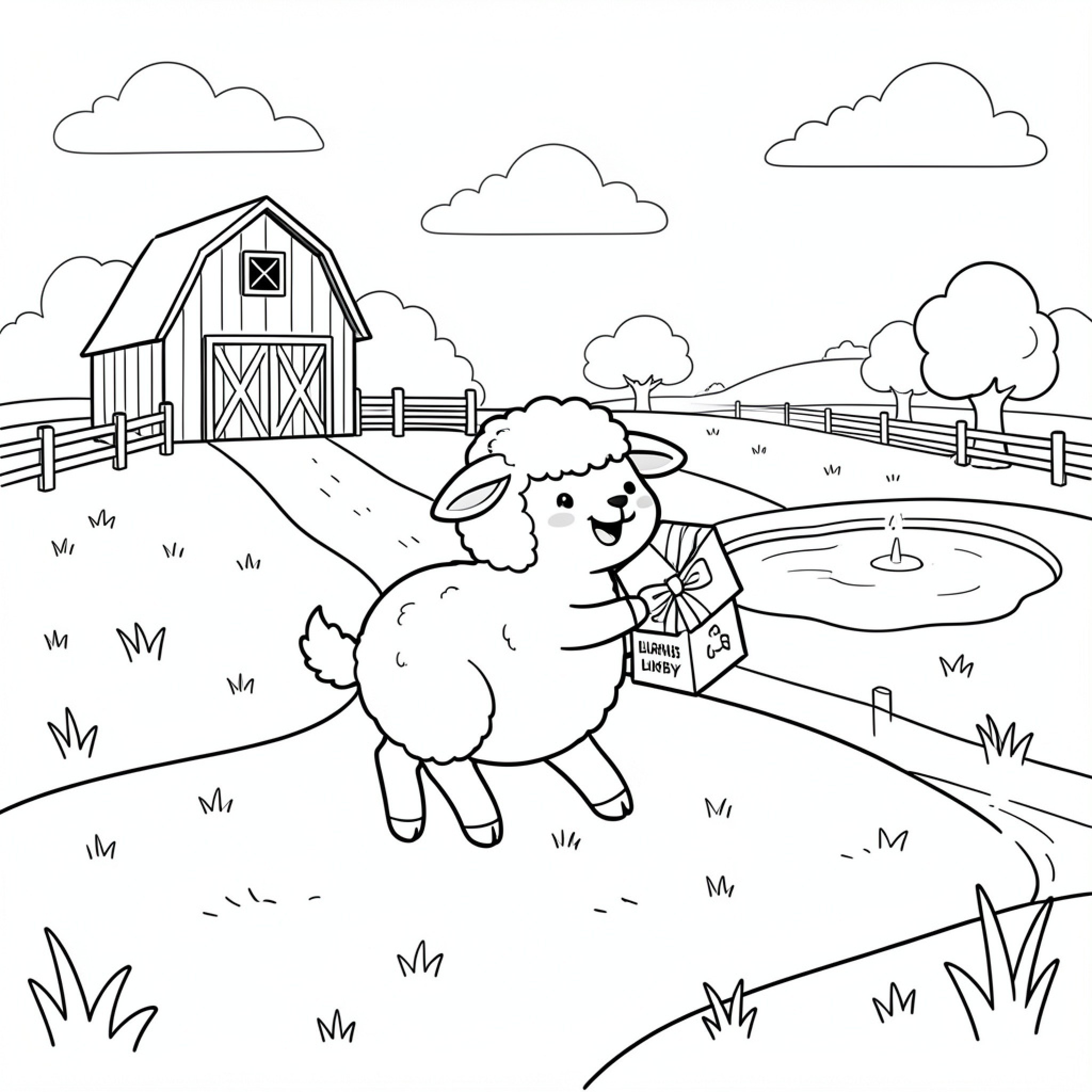 Easy Lamb carrying a gift box in a field Drawing Idea (free black-and-white line drawing printable PDF for all, from beginners to advanced learners, including children, teens, adults, and seniors)