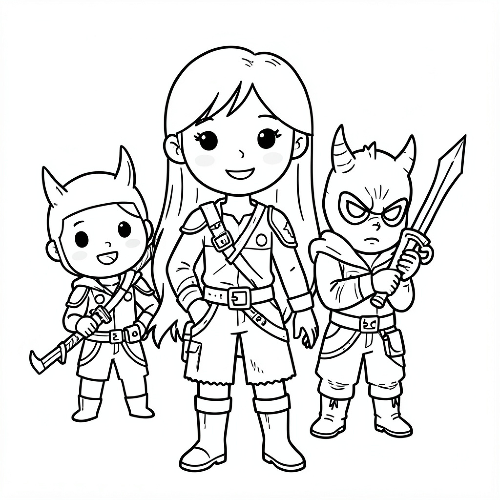 Easy Demon Hunter characters standing together with weapons Drawing Idea (free black-and-white line drawing printable PDF for all, from beginners to advanced learners, including children, teens, adults, and seniors)
