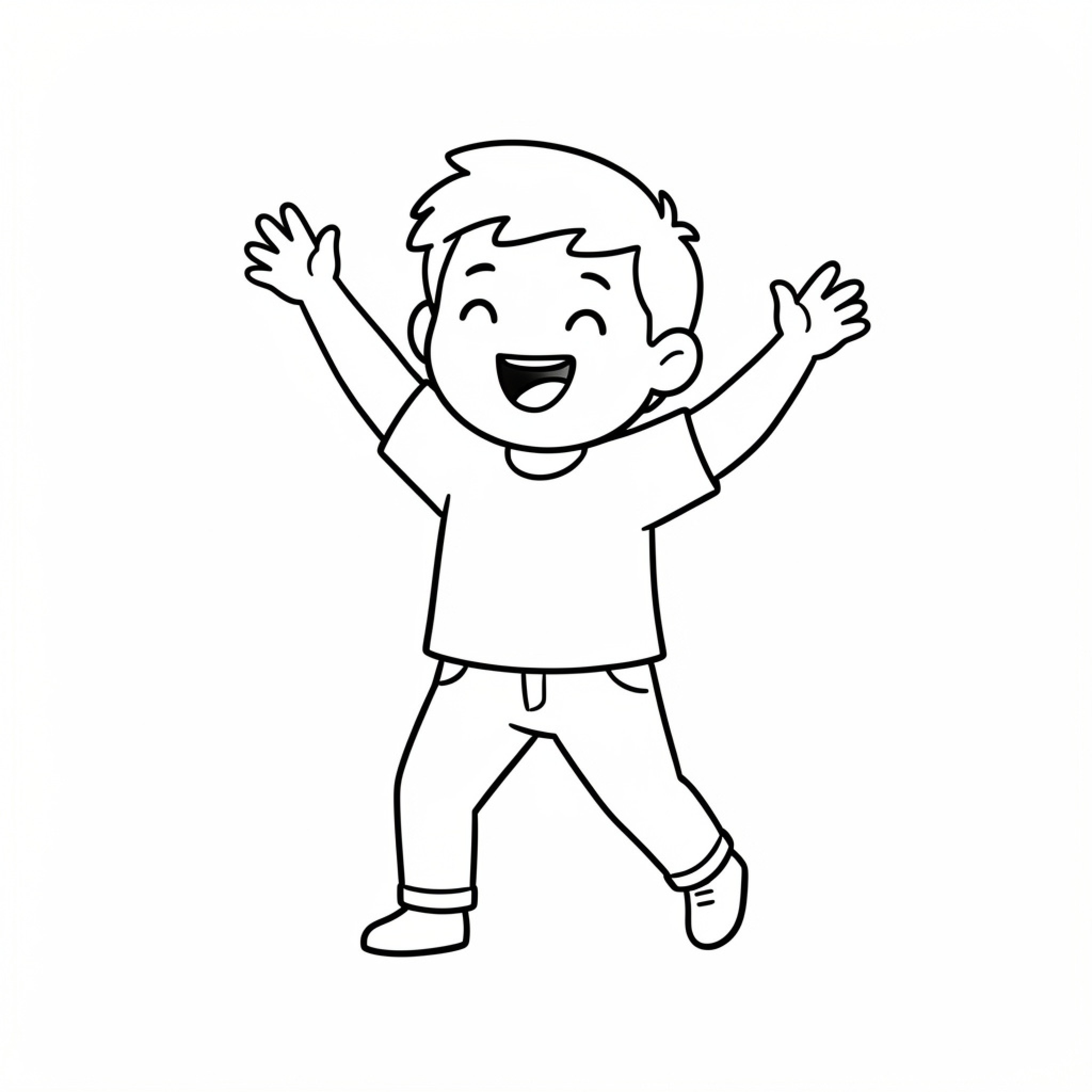 Easy Carlin happy boy cheering with arms raised Drawing Idea (free black-and-white line drawing printable PDF for all, from beginners to advanced learners, including children, teens, adults, and seniors)