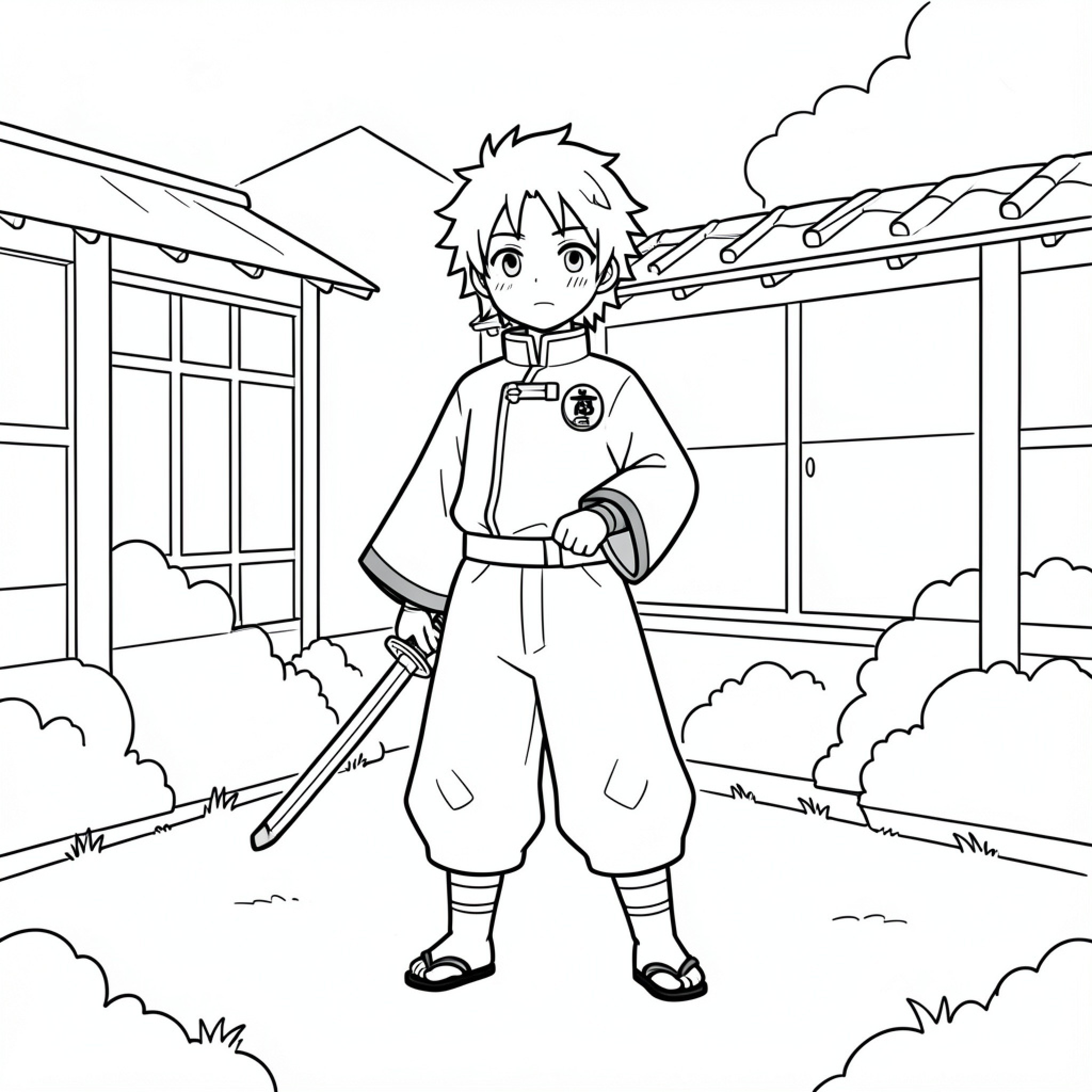 Easy Tanjiro Kamado standing with a sword in a courtyard Drawing Idea (free black-and-white line drawing printable PDF for all, from beginners to advanced learners, including children, teens, adults, and seniors)