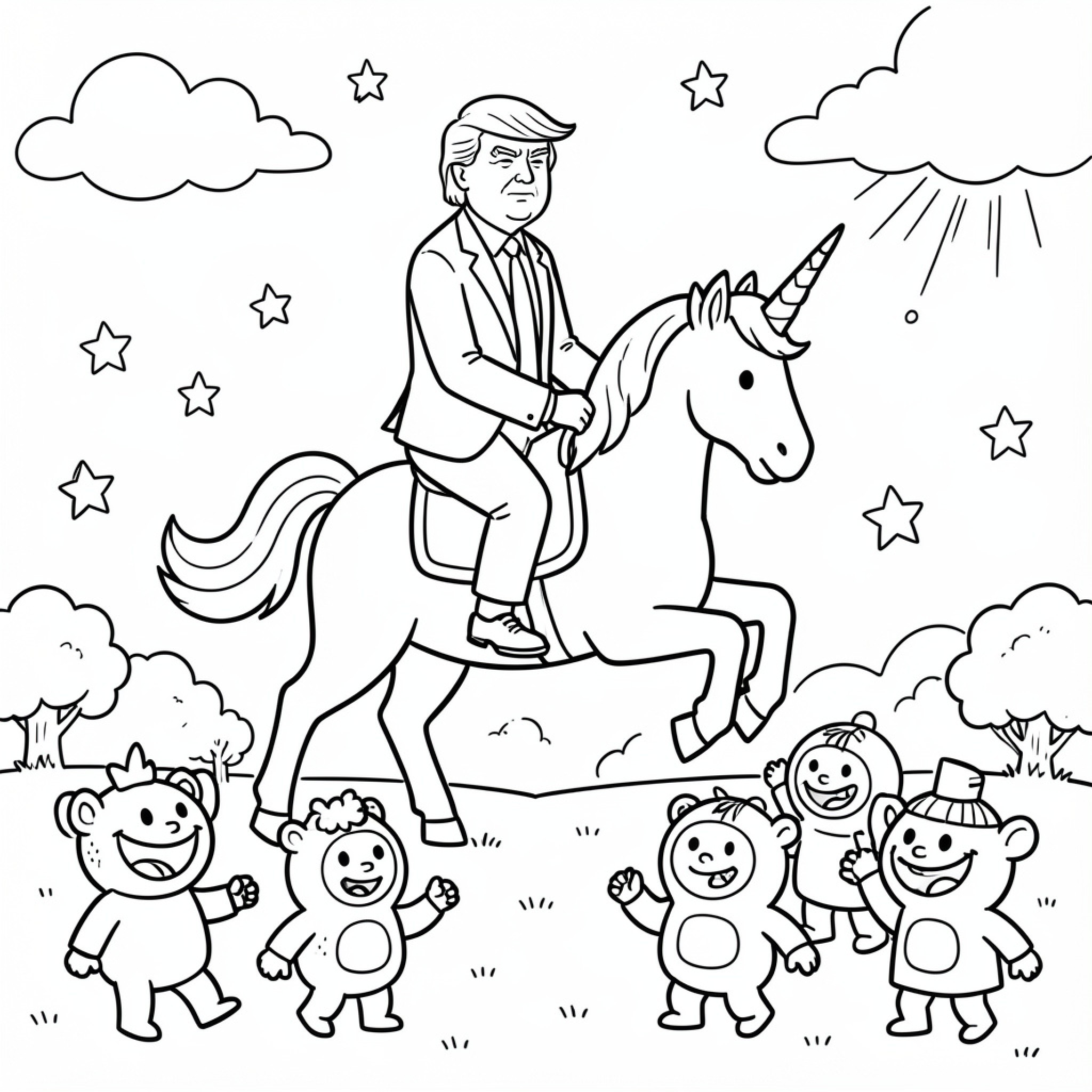 Easy Donald Trump riding a unicorn in a field Drawing Idea (free black-and-white line drawing printable PDF for all, from beginners to advanced learners, including children, teens, adults, and seniors)
