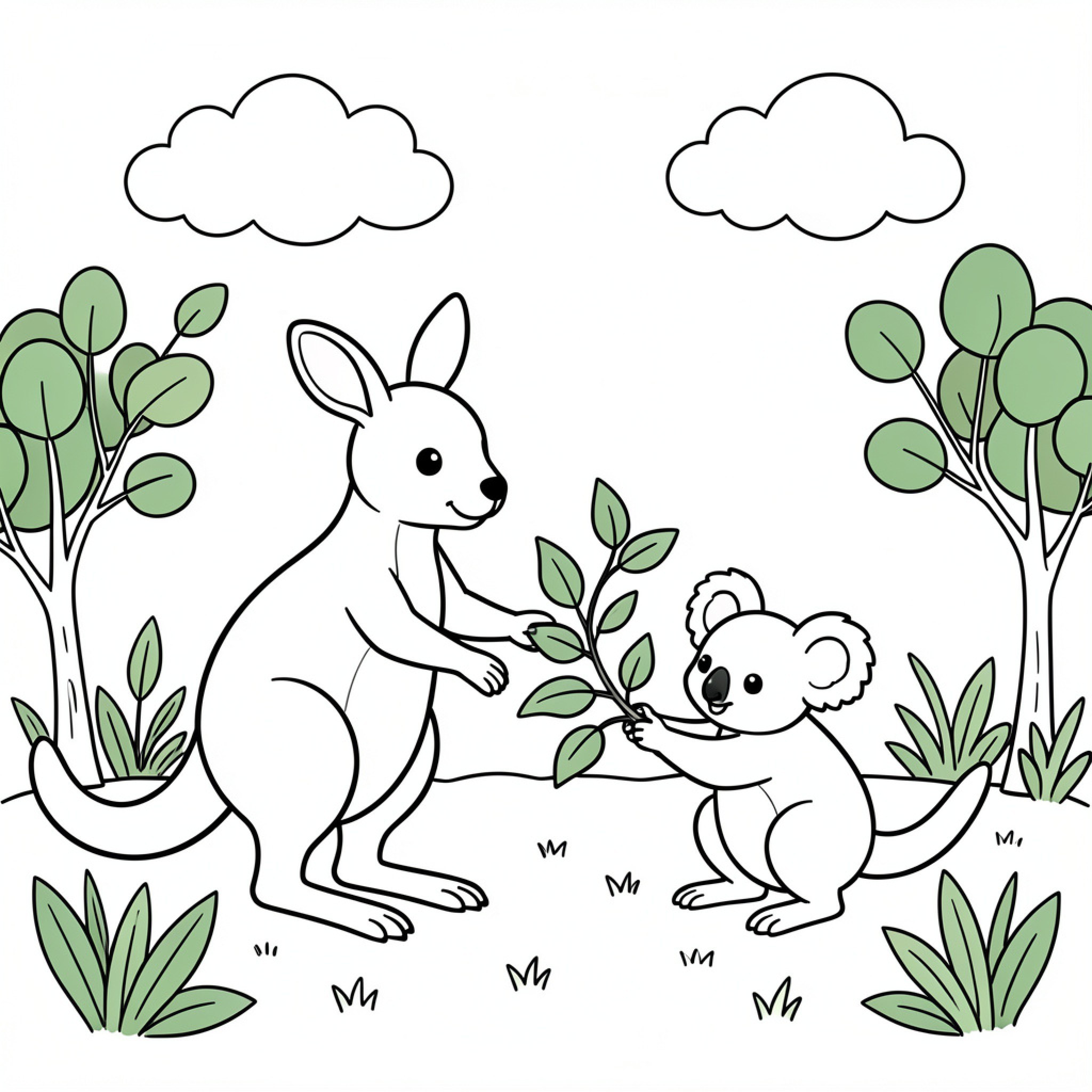 Easy Kangaroo and koala interacting among trees Drawing Idea (free black-and-white line drawing printable PDF for all, from beginners to advanced learners, including children, teens, adults, and seniors)