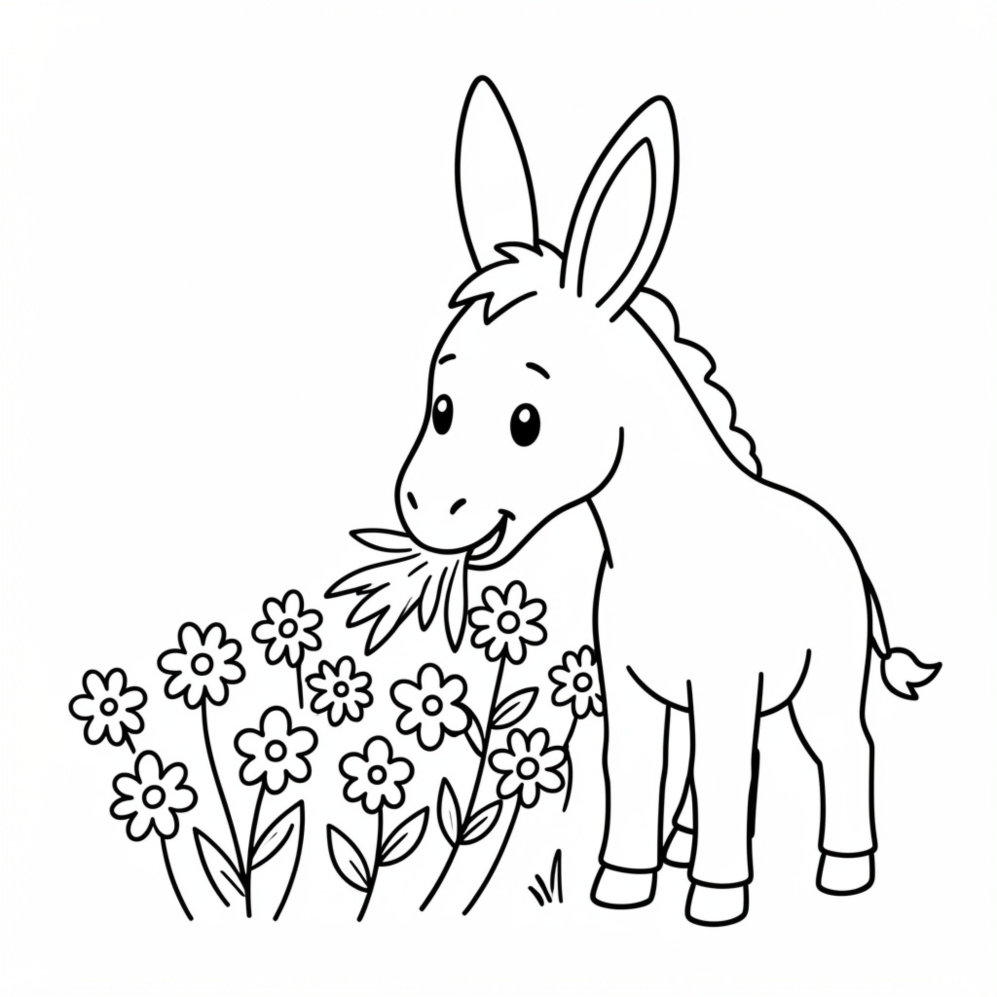 Easy Donkey eating flowers in a field Drawing Idea (free black-and-white line drawing printable PDF for all, from beginners to advanced learners, including children, teens, adults, and seniors)