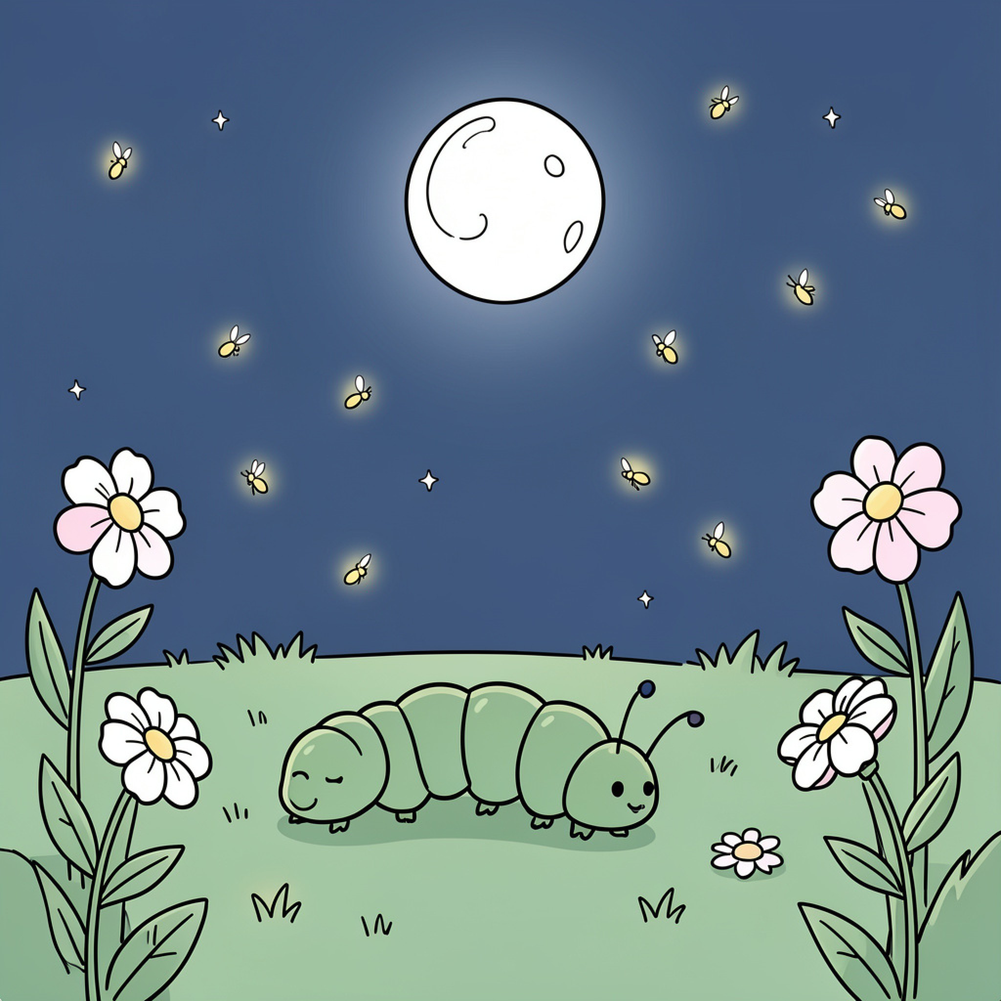 Easy Caterpillar crawling under the full moon Drawing Idea (free black-and-white line drawing printable PDF for all, from beginners to advanced learners, including children, teens, adults, and seniors)