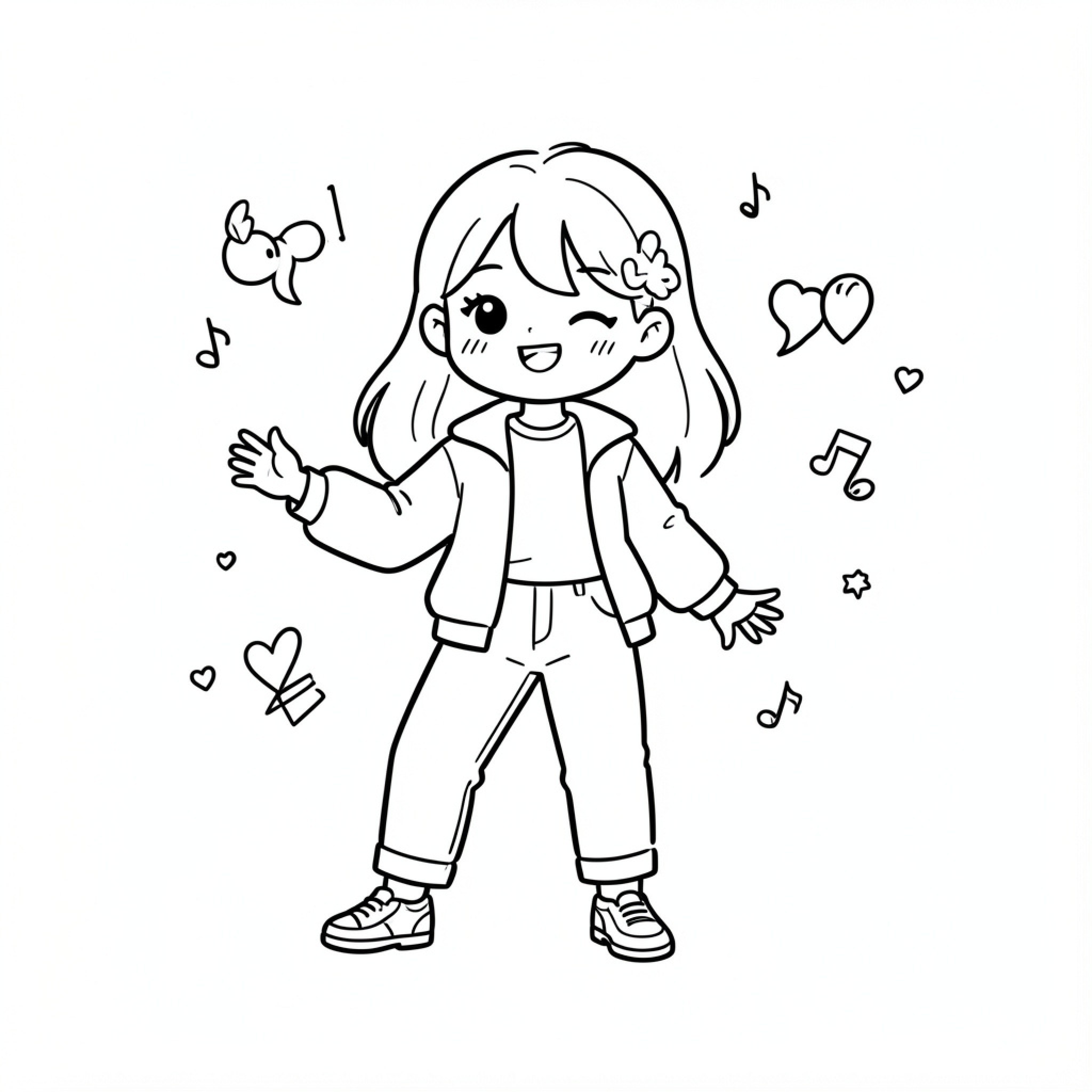 Easy K-Pop girl winking and dancing happily Drawing Idea (free black-and-white line drawing printable PDF for all, from beginners to advanced learners, including children, teens, adults, and seniors)