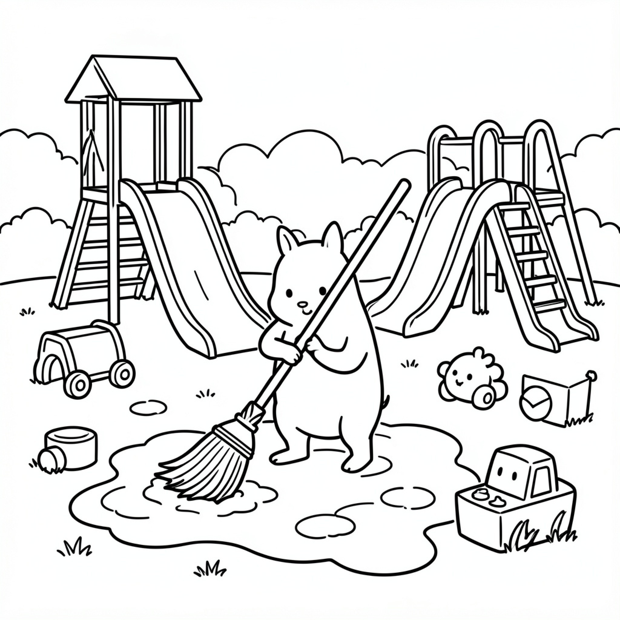 Easy Piglet sweeping the ground near a playground Drawing Idea (free black-and-white line drawing printable PDF for all, from beginners to advanced learners, including children, teens, adults, and seniors)