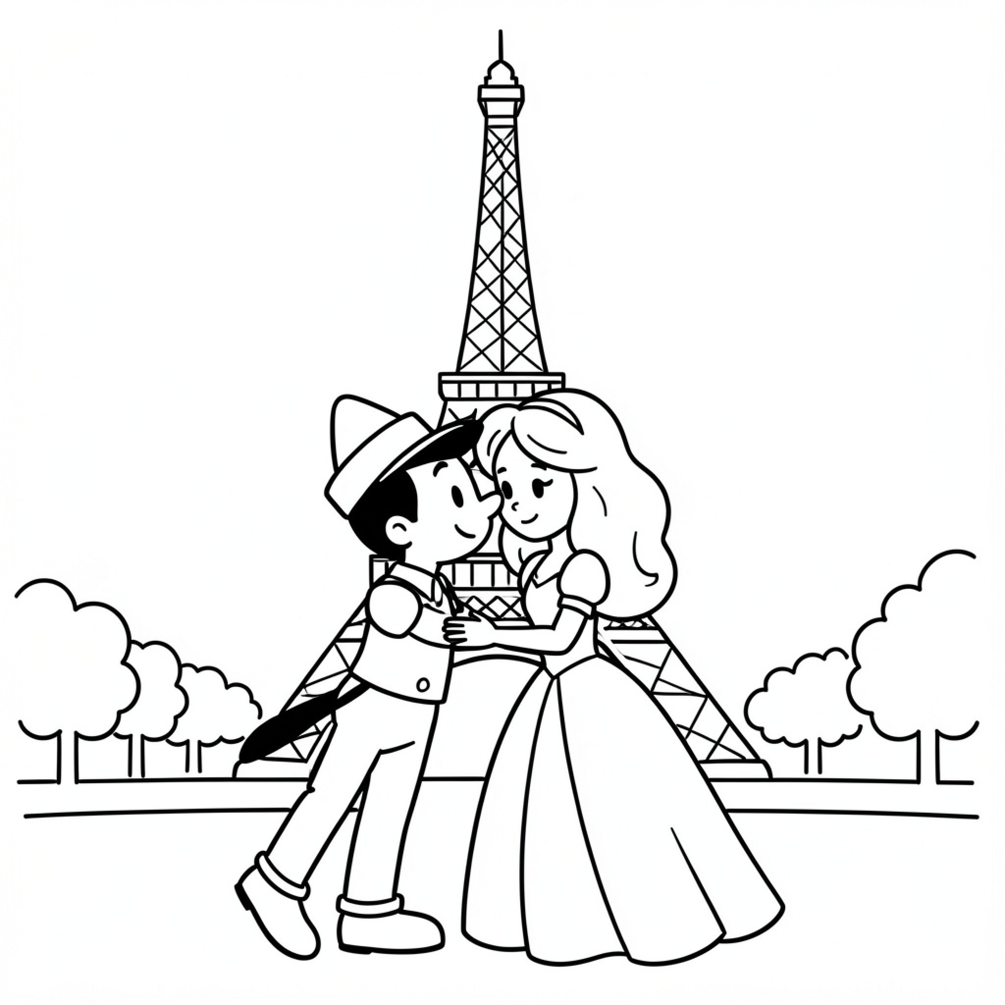 Easy Pinocchio dancing with a princess near Eiffel Tower Drawing Idea (free black-and-white line drawing printable PDF for all, from beginners to advanced learners, including children, teens, adults, and seniors)