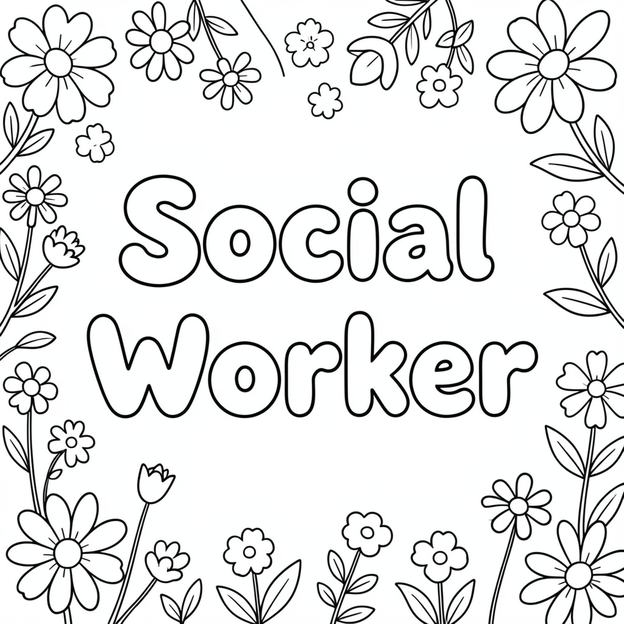 Easy Social Worker text framed by blooming flowers Drawing Idea (free black-and-white line drawing printable PDF for all, from beginners to advanced learners, including children, teens, adults, and seniors)