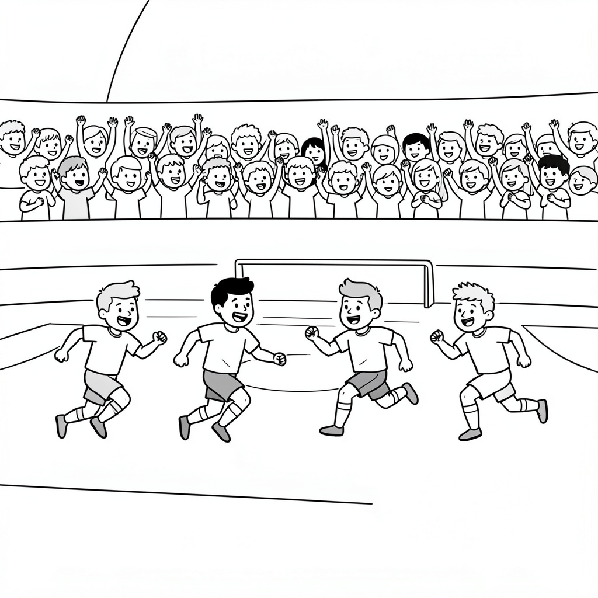 Easy Football players running joyfully during a match Drawing Idea (free black-and-white line drawing printable PDF for all, from beginners to advanced learners, including children, teens, adults, and seniors)