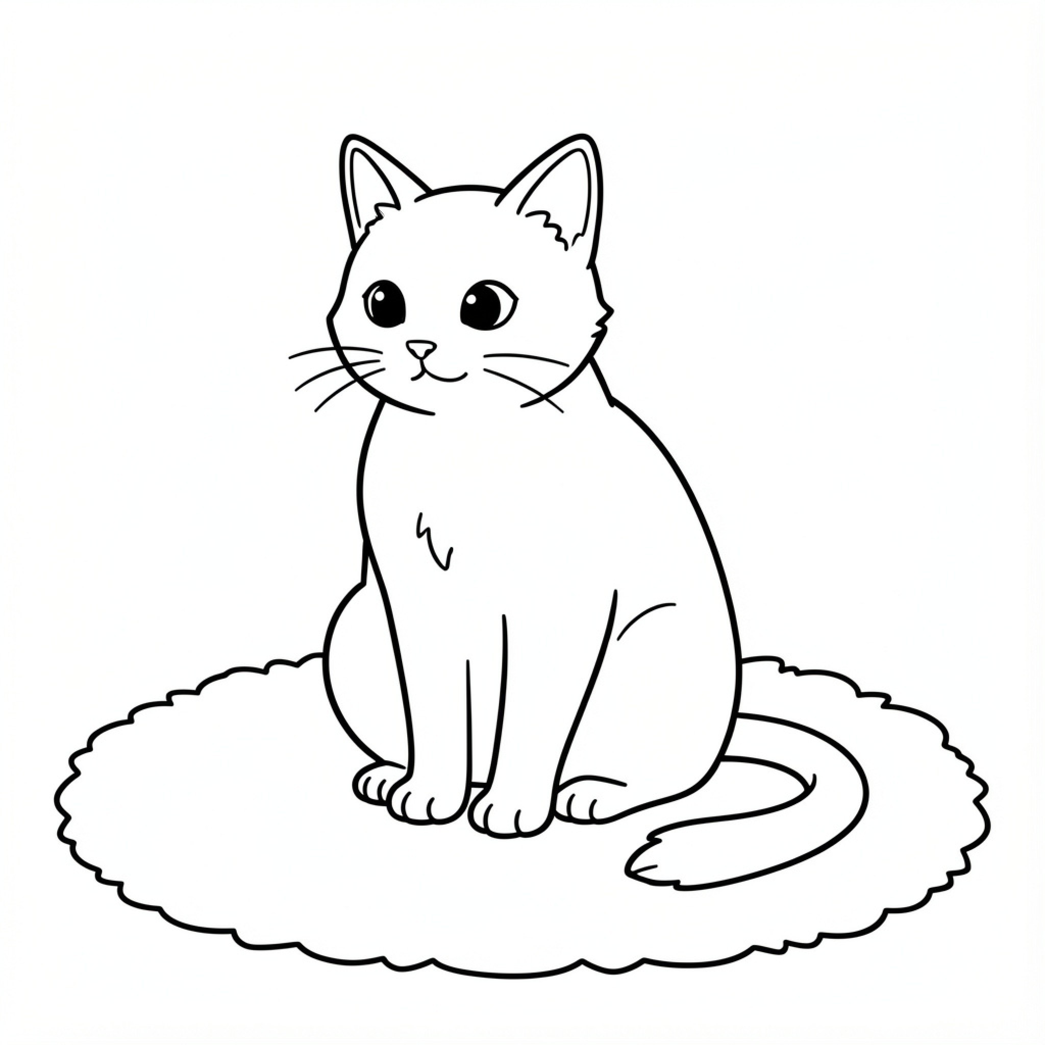 Easy Cat sitting calmly on a soft rug Drawing Idea (free black-and-white line drawing printable PDF for all, from beginners to advanced learners, including children, teens, adults, and seniors)