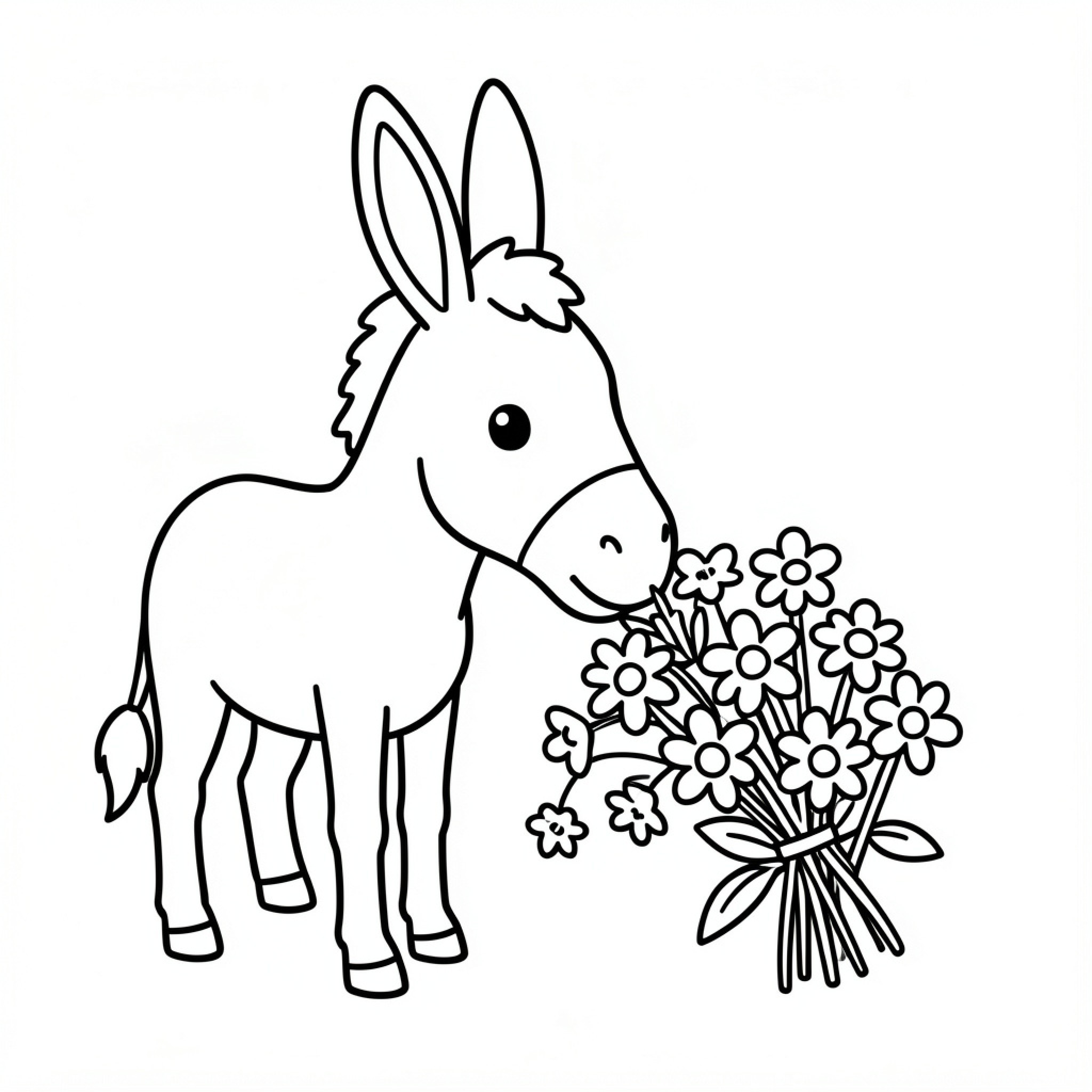 Easy Ane donkey smelling a bouquet of flowers Drawing Idea (free black-and-white line drawing printable PDF for all, from beginners to advanced learners, including children, teens, adults, and seniors)