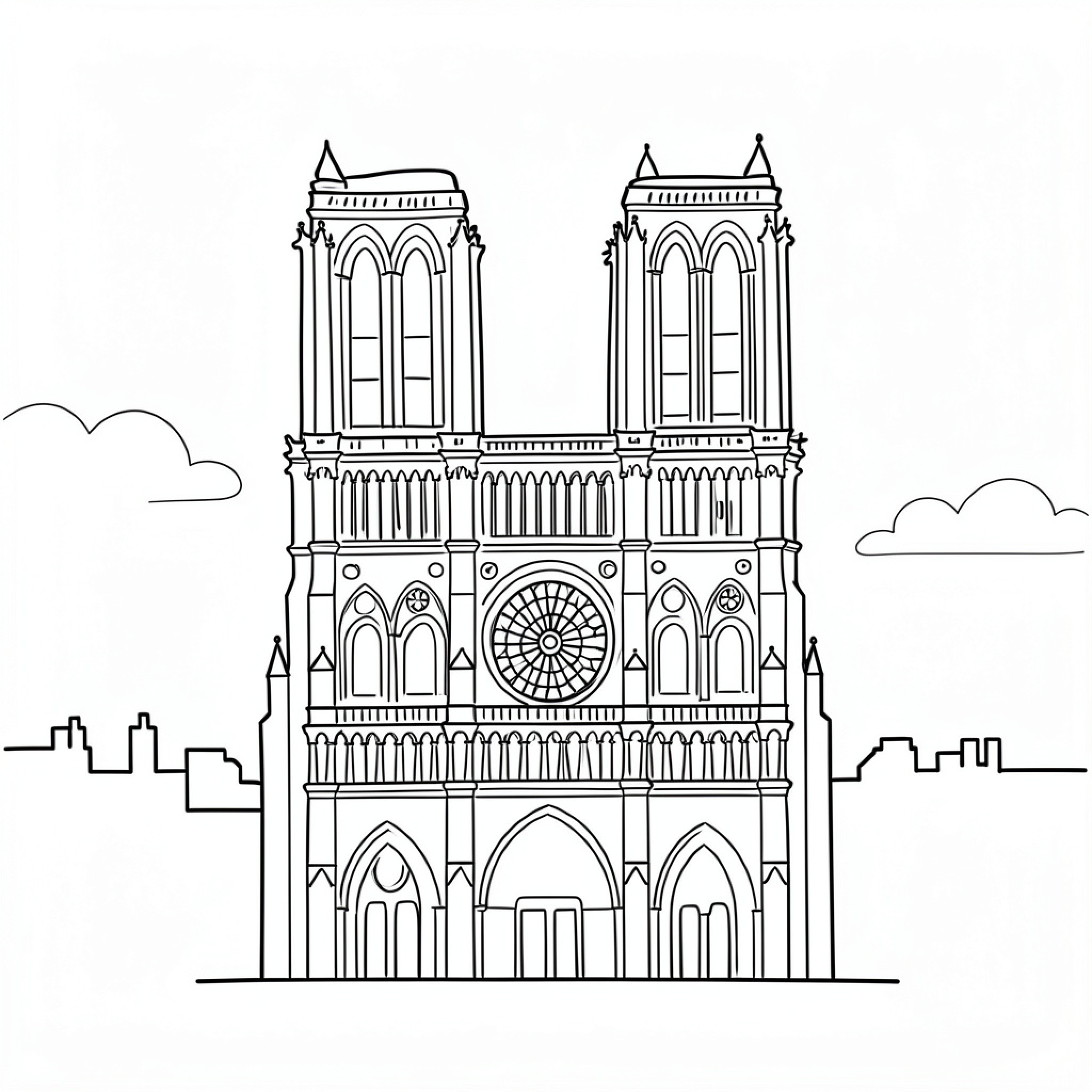 Easy Notre Dame cathedral standing against a cloudy sky Drawing Idea (free black-and-white line drawing printable PDF for all, from beginners to advanced learners, including children, teens, adults, and seniors)