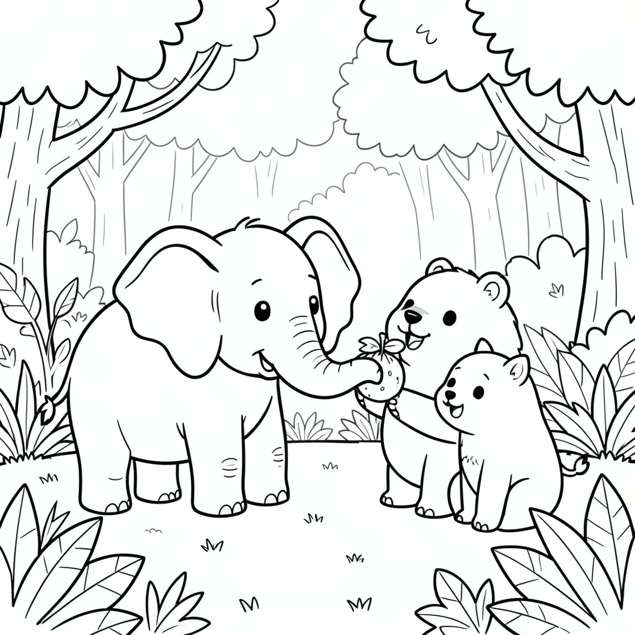 Easy Elephant sharing fruit with forest animal friends Drawing Idea (free black-and-white line drawing printable PDF for all, from beginners to advanced learners, including children, teens, adults, and seniors)