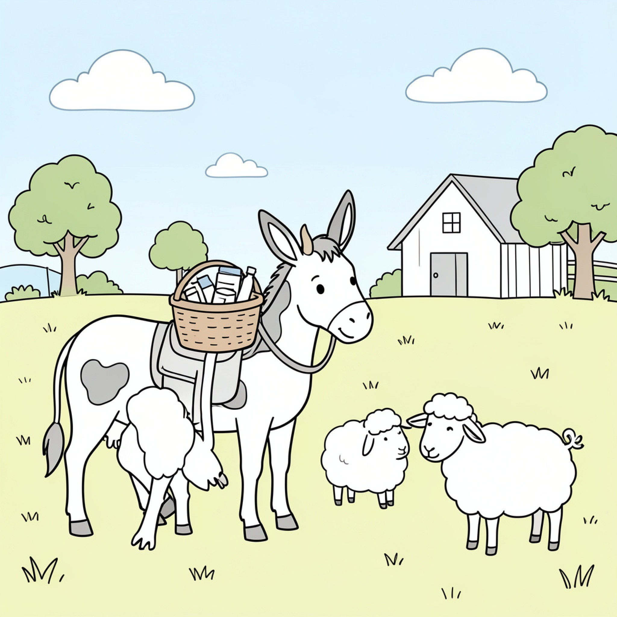 Easy Donkey carrying a basket among small sheep Drawing Idea (free black-and-white line drawing printable PDF for all, from beginners to advanced learners, including children, teens, adults, and seniors)