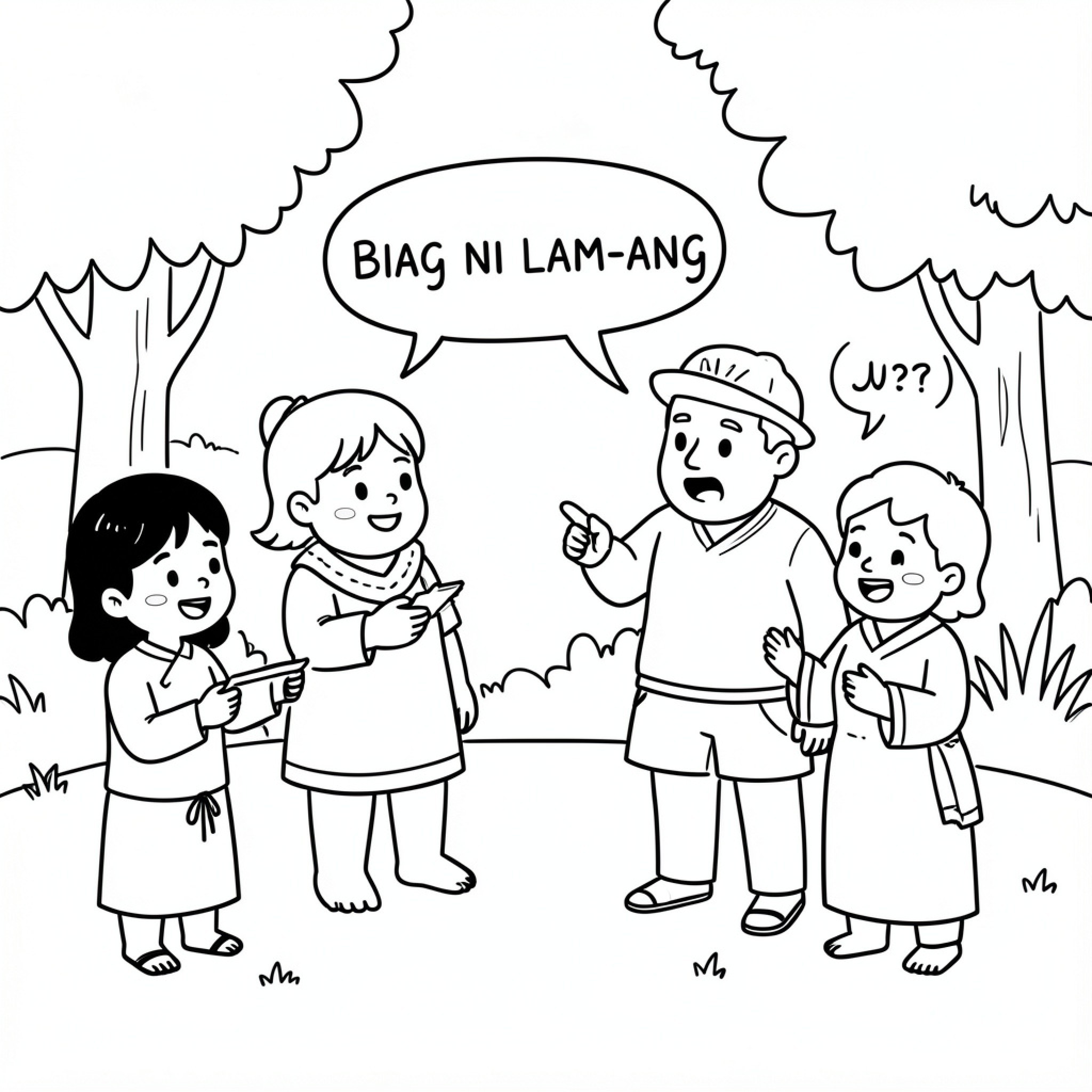 Easy Biag ni Lam-ang characters discussing a story Drawing Idea (free black-and-white line drawing printable PDF for all, from beginners to advanced learners, including children, teens, adults, and seniors)
