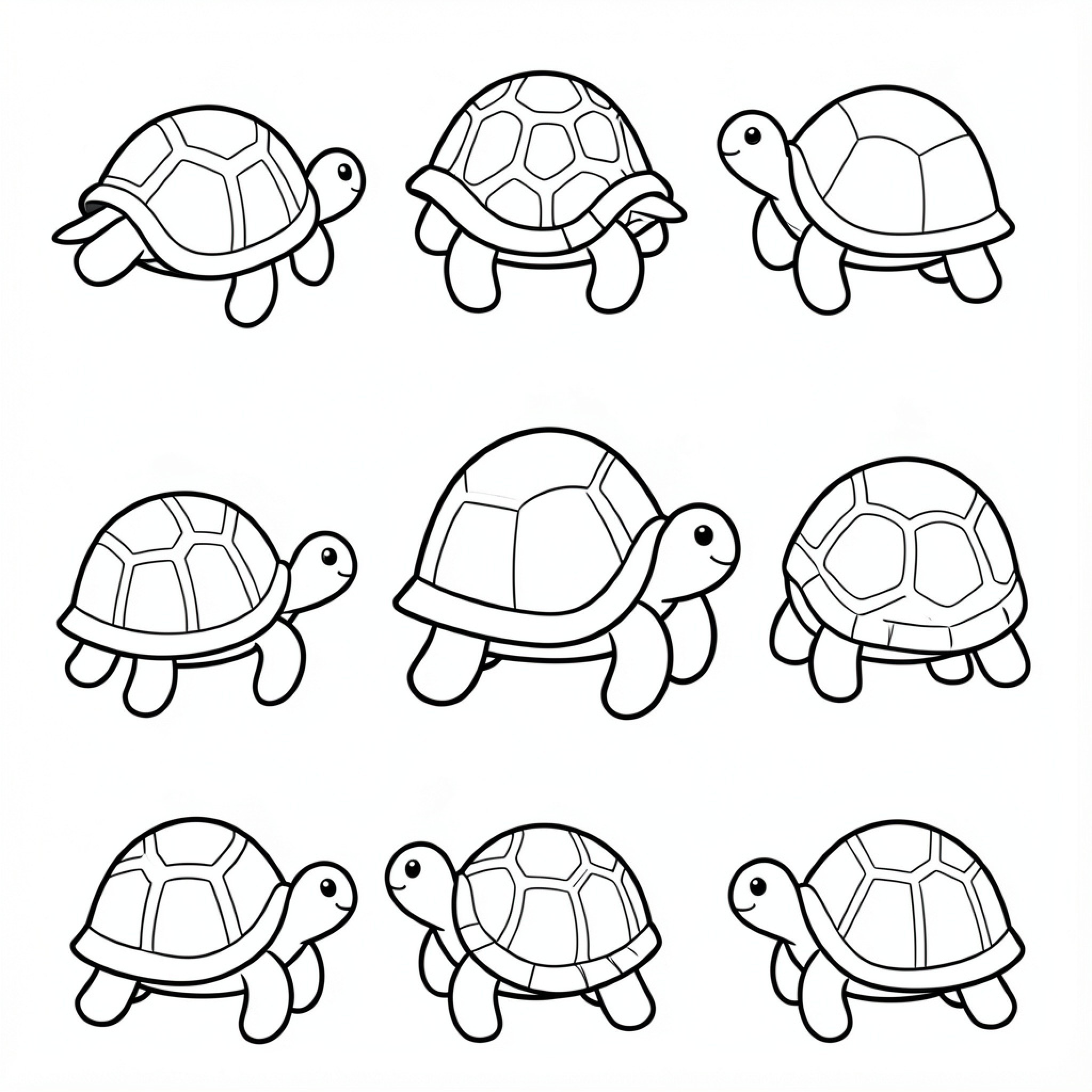Easy Turtle collection showing various poses and angles Drawing Idea (free black-and-white line drawing printable PDF for all, from beginners to advanced learners, including children, teens, adults, and seniors)