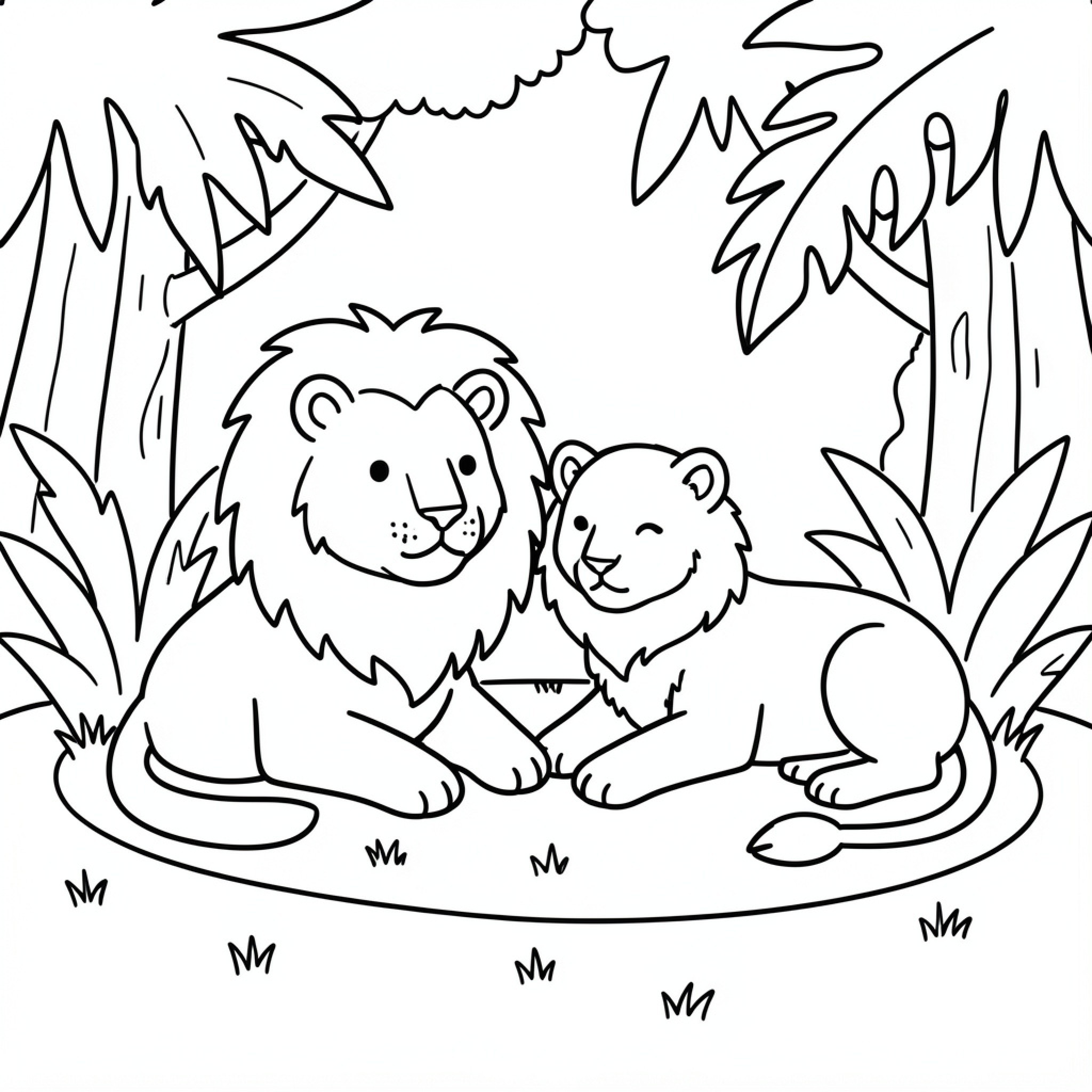 Easy Lion couple relaxing together in the jungle Drawing Idea (free black-and-white line drawing printable PDF for all, from beginners to advanced learners, including children, teens, adults, and seniors)